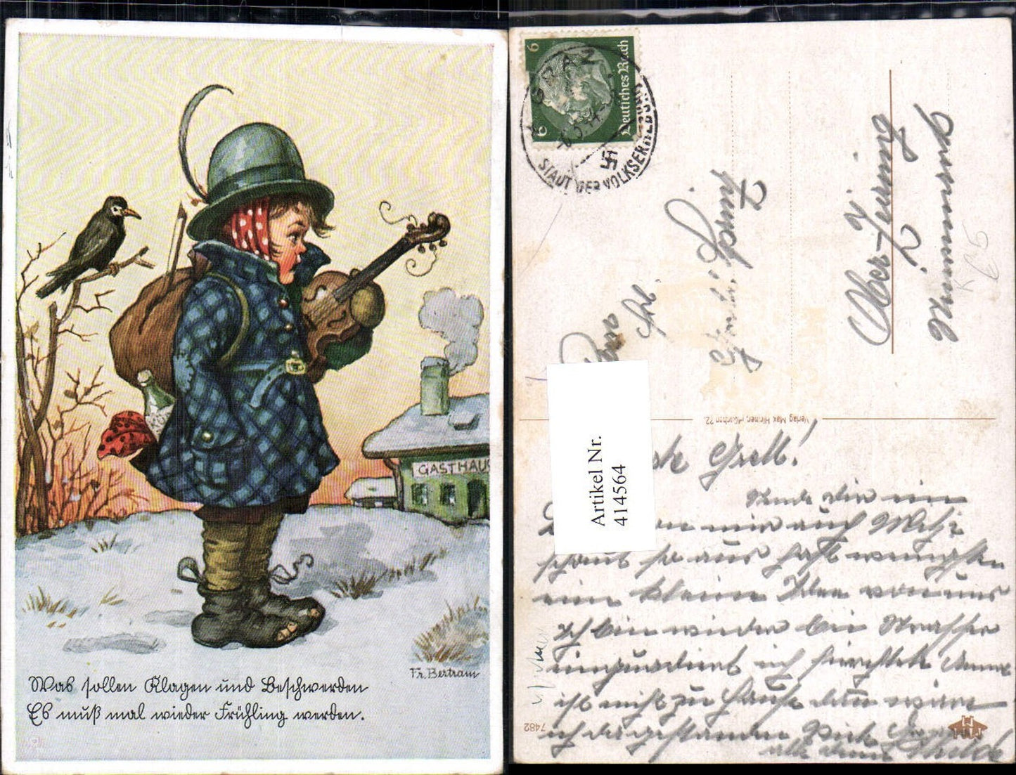 414564,Künstler Ak Fr. Bertram Kinder i. Uniform Vagabund Landstreicher Geige Vogel Gasthaus Spruch