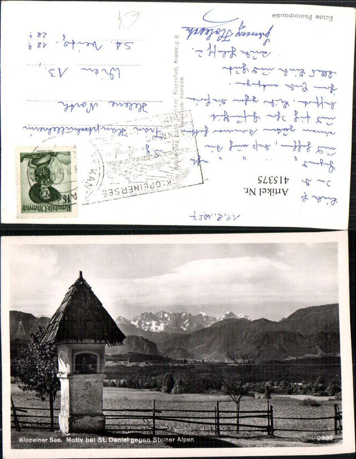 415375,Klopeinersee Motiv bei St. Daniel Bildstock geg. Steiner Alpen Bergkulisse