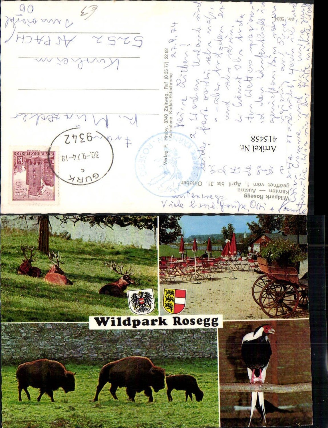 415458,Wildpark Rosegg Büffel Hirsche Vogel Mehrbildkarte