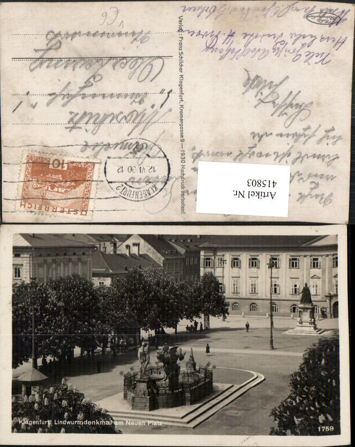 415803,Klagenfurt Lindwurm-Denkmal Brunnen am neuen Platz pub Franz Schilcher 1759