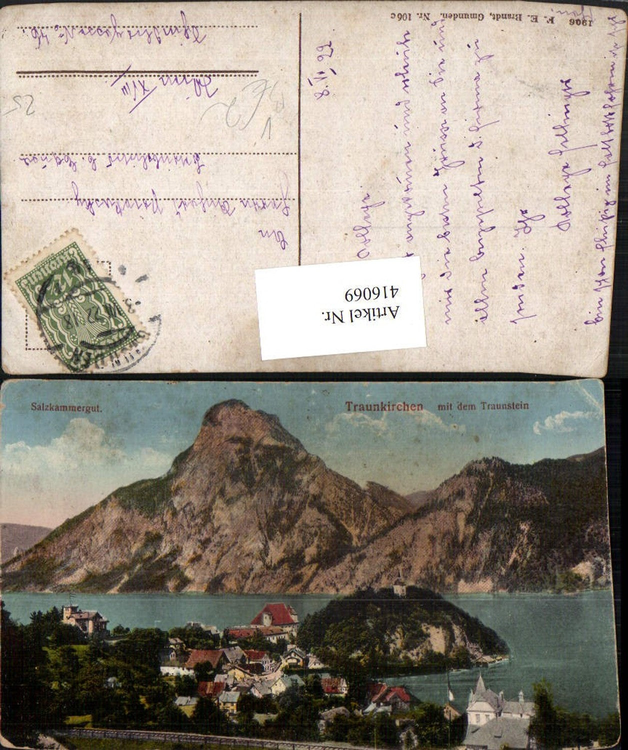 416069,Traunkirchen Totale m. Traunstein Bergkulisse pub F. E. Brandt 106c