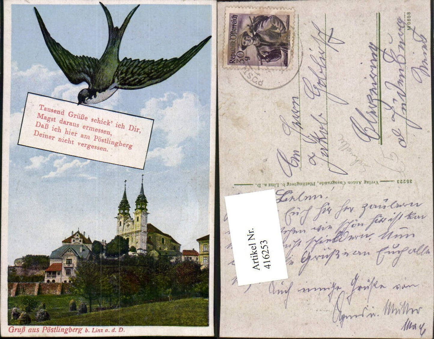 416253,Linz an d. Donau Pöstlingberg Kirche Schwalbe Spruch Text