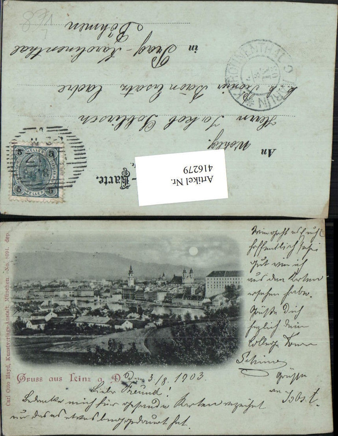 416279,Mond Litho Gruß aus Linz an d. Donau Totale pub Carl Otto Hayd 8094