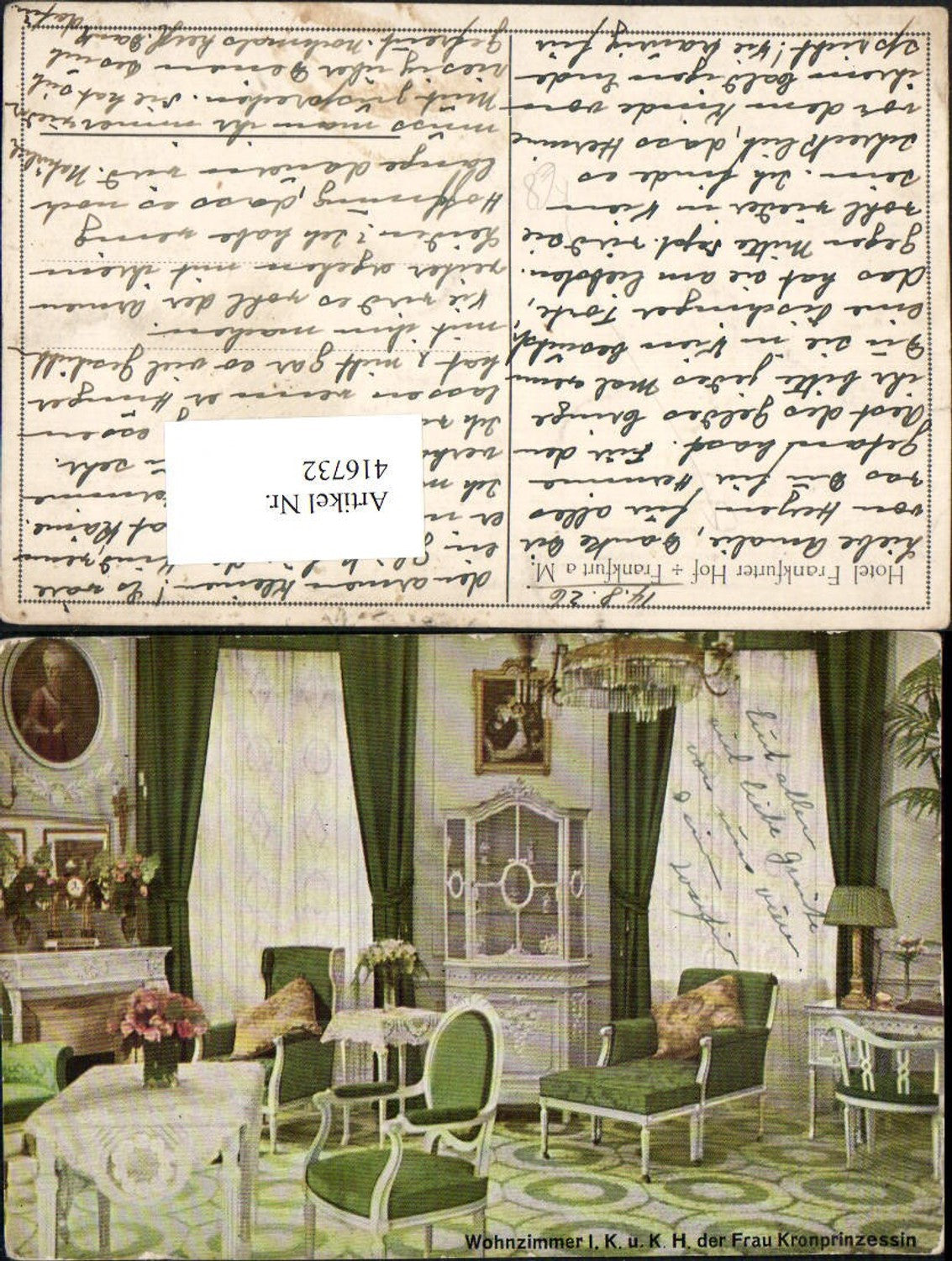 416732,Künstler AK Frankfurt am Main Hotel Frankfurter Hof Wohnzimmer Innenansicht