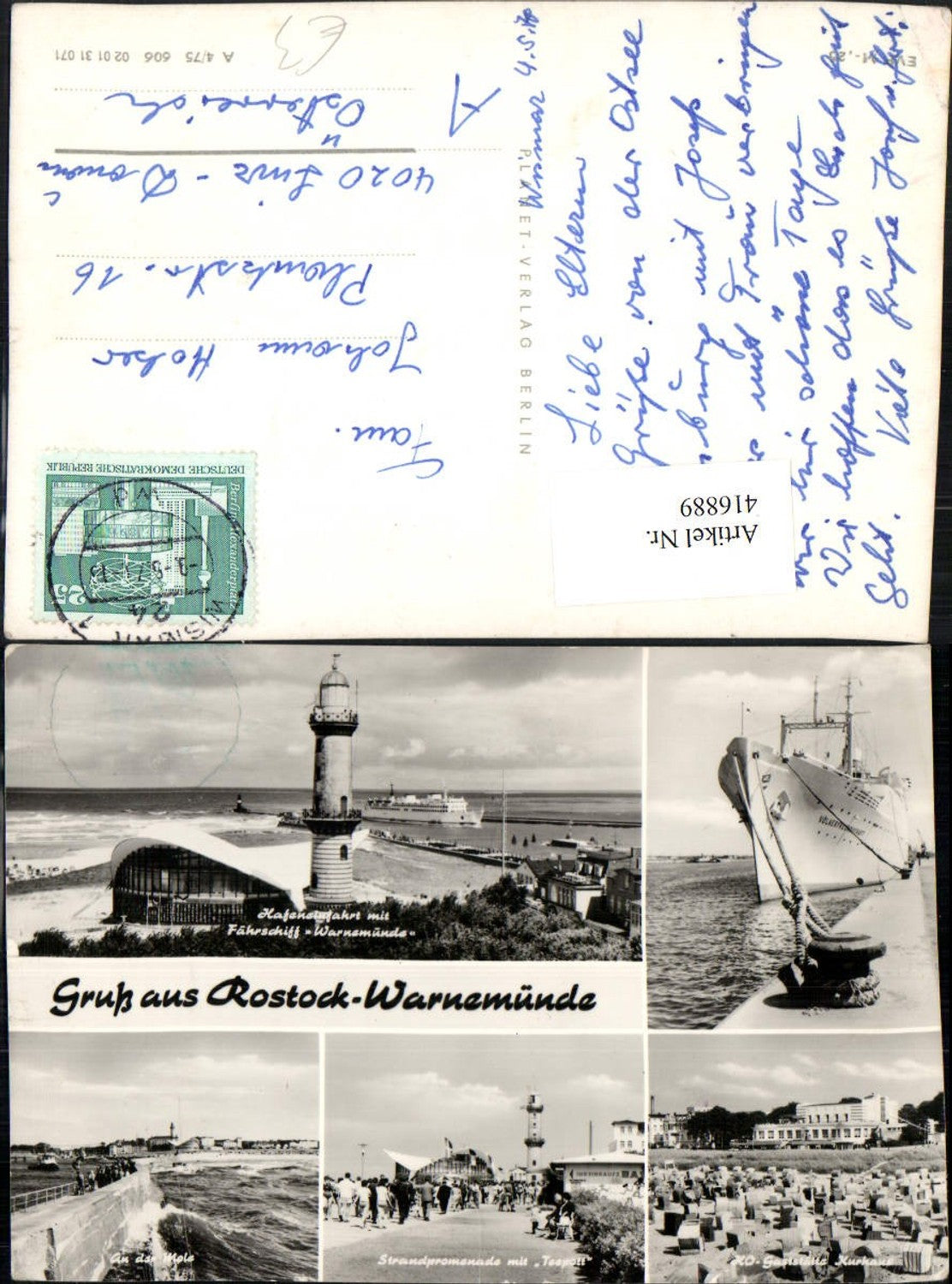 416889,Rostock Warnemünde Strand Kurhaus Promenade Leuchtturm Schiff Mehrbildkarte