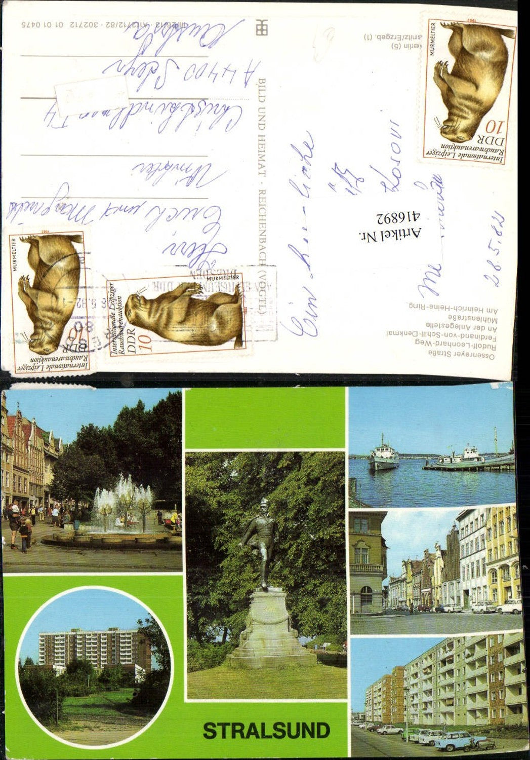 416892,Stralsund Ferdinand-von-Schiller-Denkmal Brunnen Schiff Mehrbildkarte pub VEB
