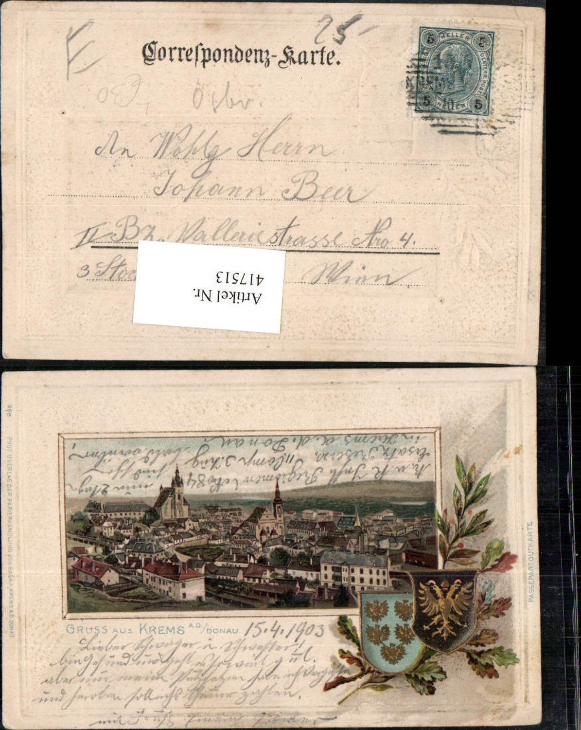 417513,Präge Litho Gruß aus Krems an d. Donau Totale Passepartout