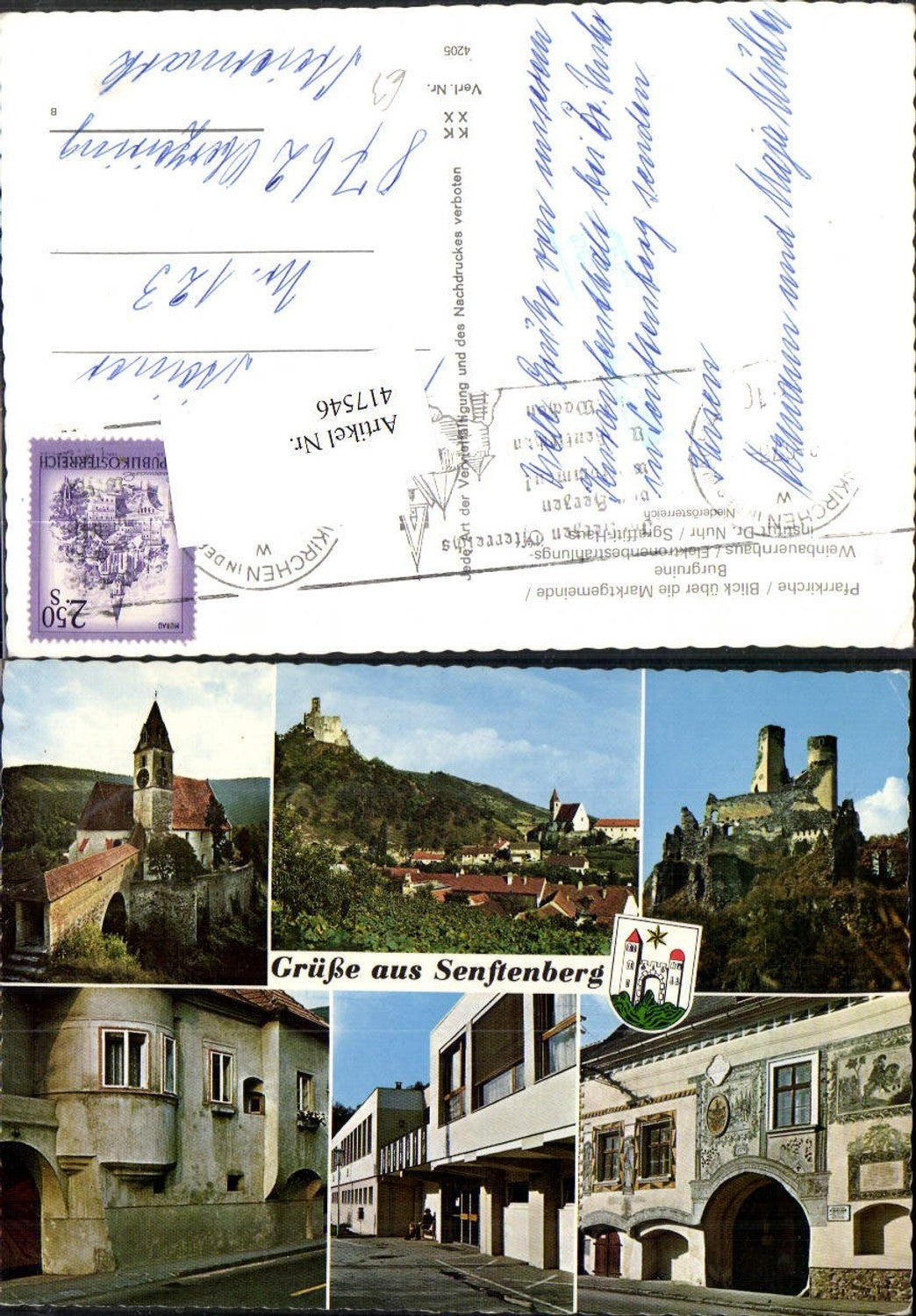 417546,Senftenberg Totale Kirche Burgruine Weinbauernhaus Mehrbildkarte