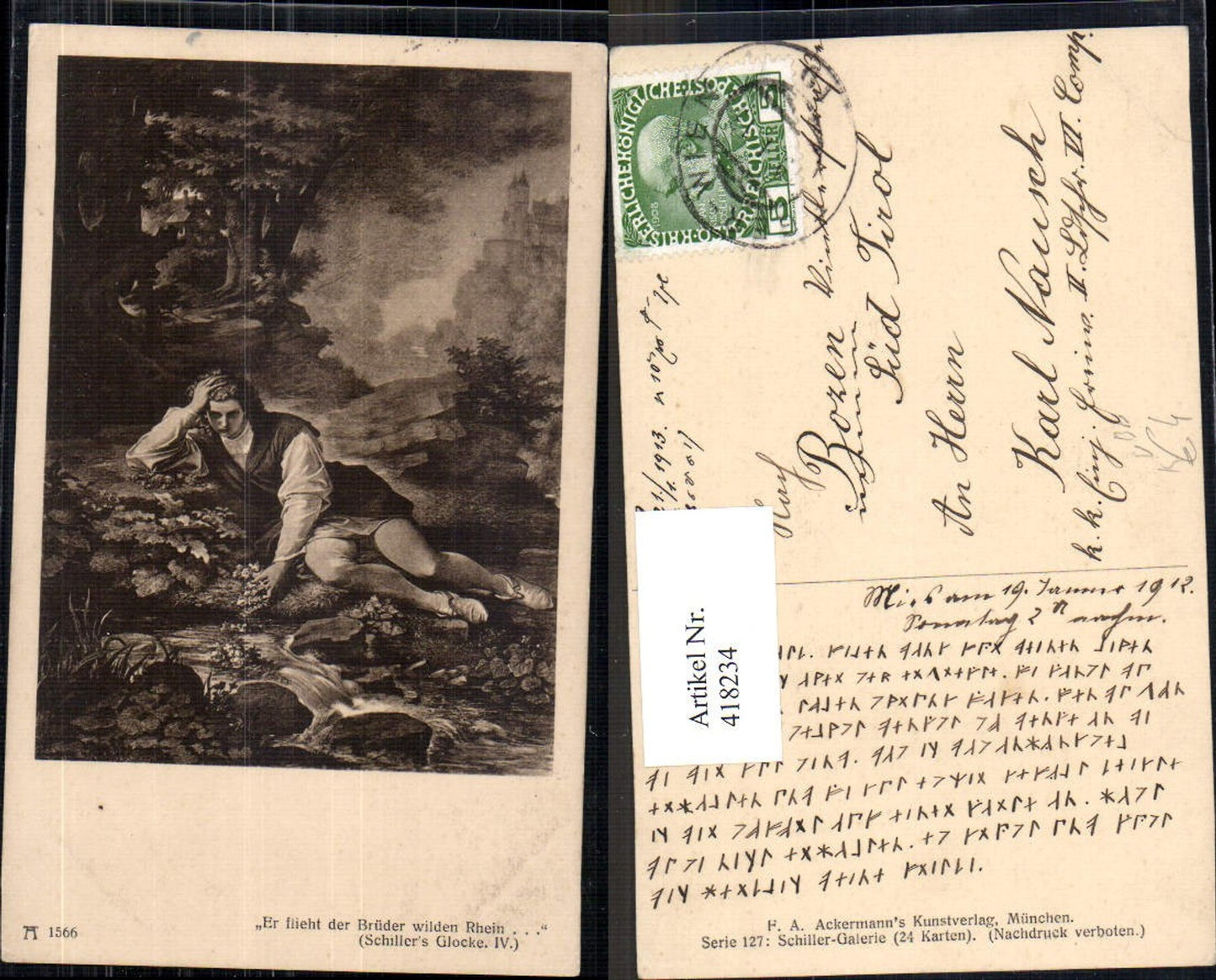 418234,Künstler Ak Schiller Kunst Wissenschaft pub F. A. Ackermann 127/1566 Bahnpost Eger Wien