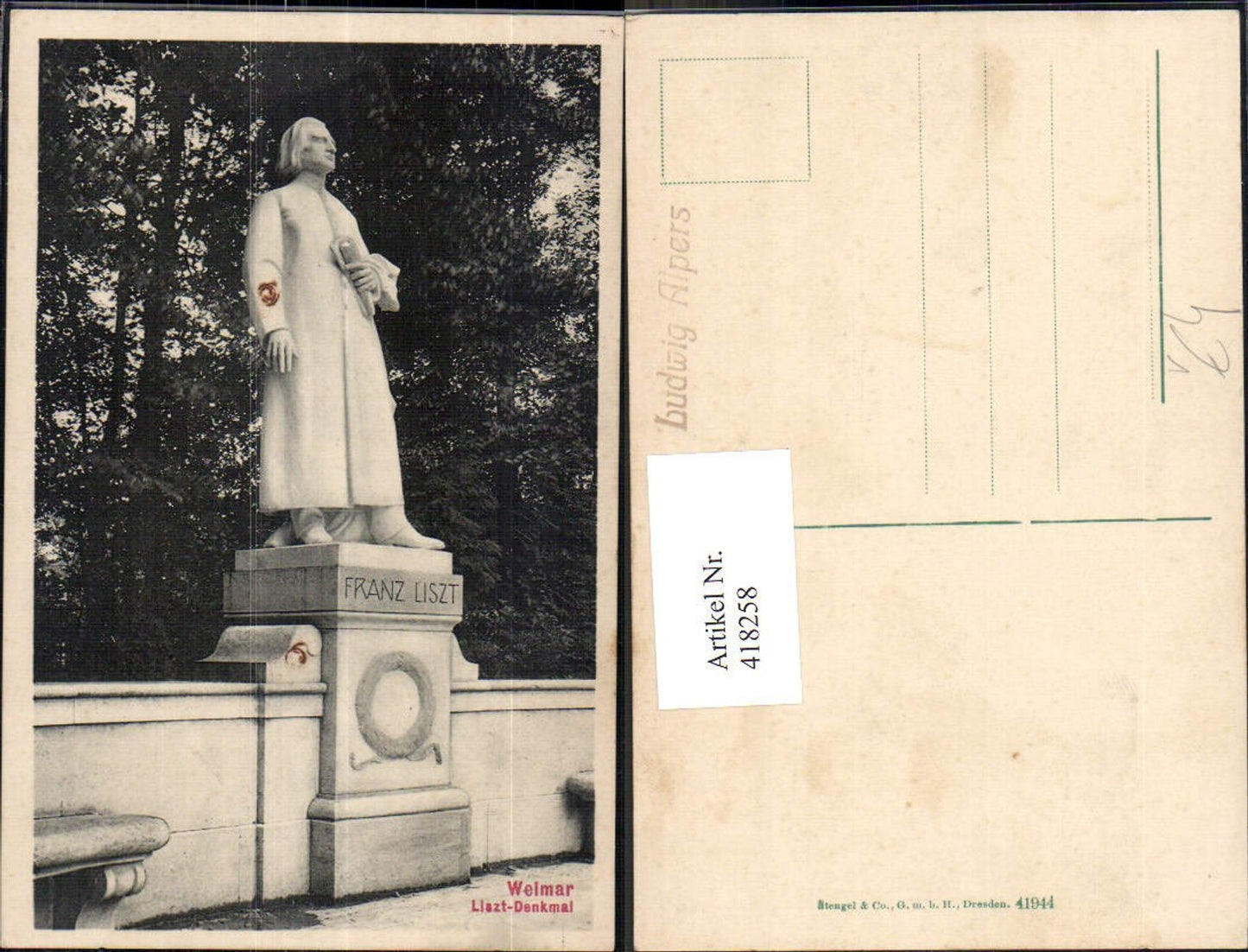 418258,Franz Liszt Statue Weimar Liszt-Denkmal Komponist Musik pub Stengel Co 41944
