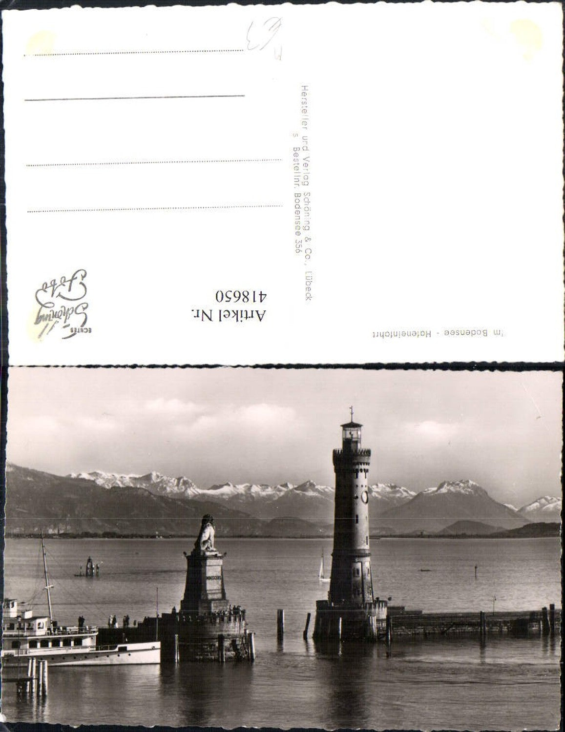 418650,Foto Ak Lindau Bodensee Hafeneinfahrt Leuchtturm Löwendenkmal Schiff