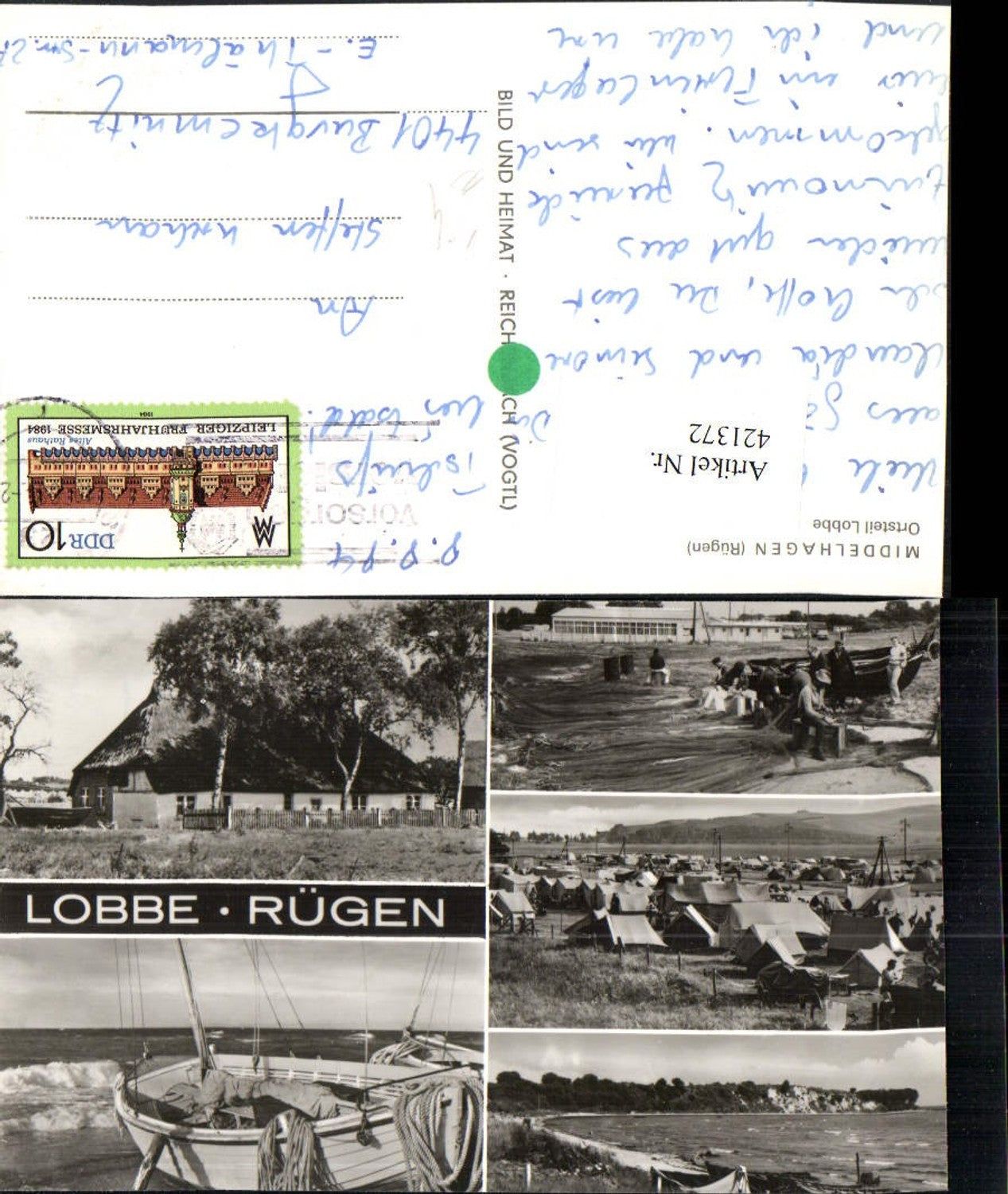 421372,Rügen Middelhagen Lobbe Strand Camping Zelte Boot Mehrbildkarte pub VEB