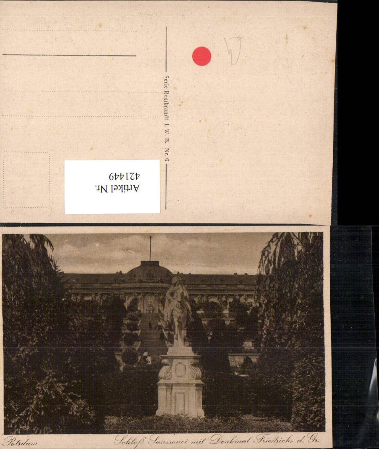 421449, Potsdam Sanssouci Palace with monument to Frederick the Great statue