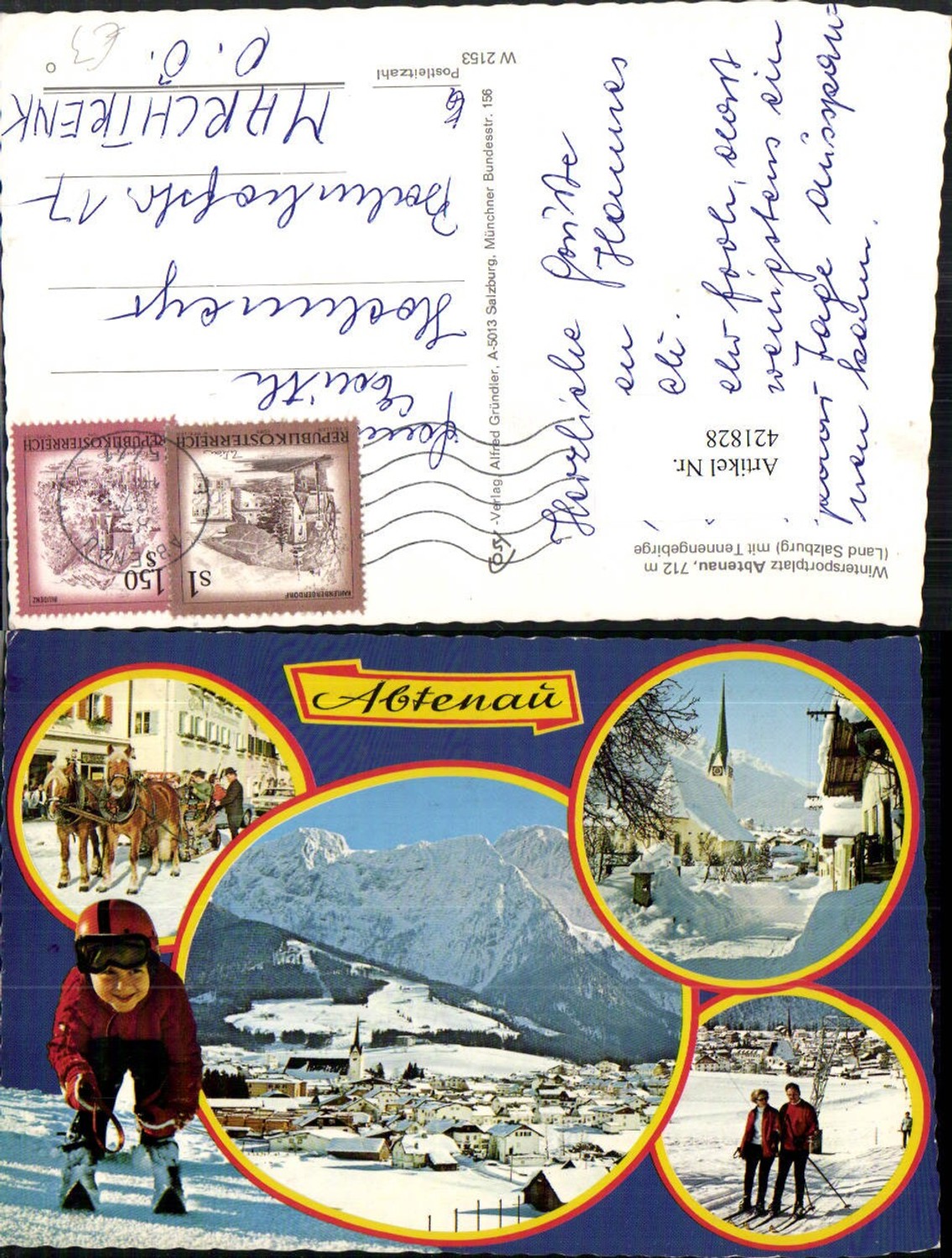 421828,Abtenau Totale Kirche Skilift Pferdeschlitten Winterbilder Mehrbildkarte