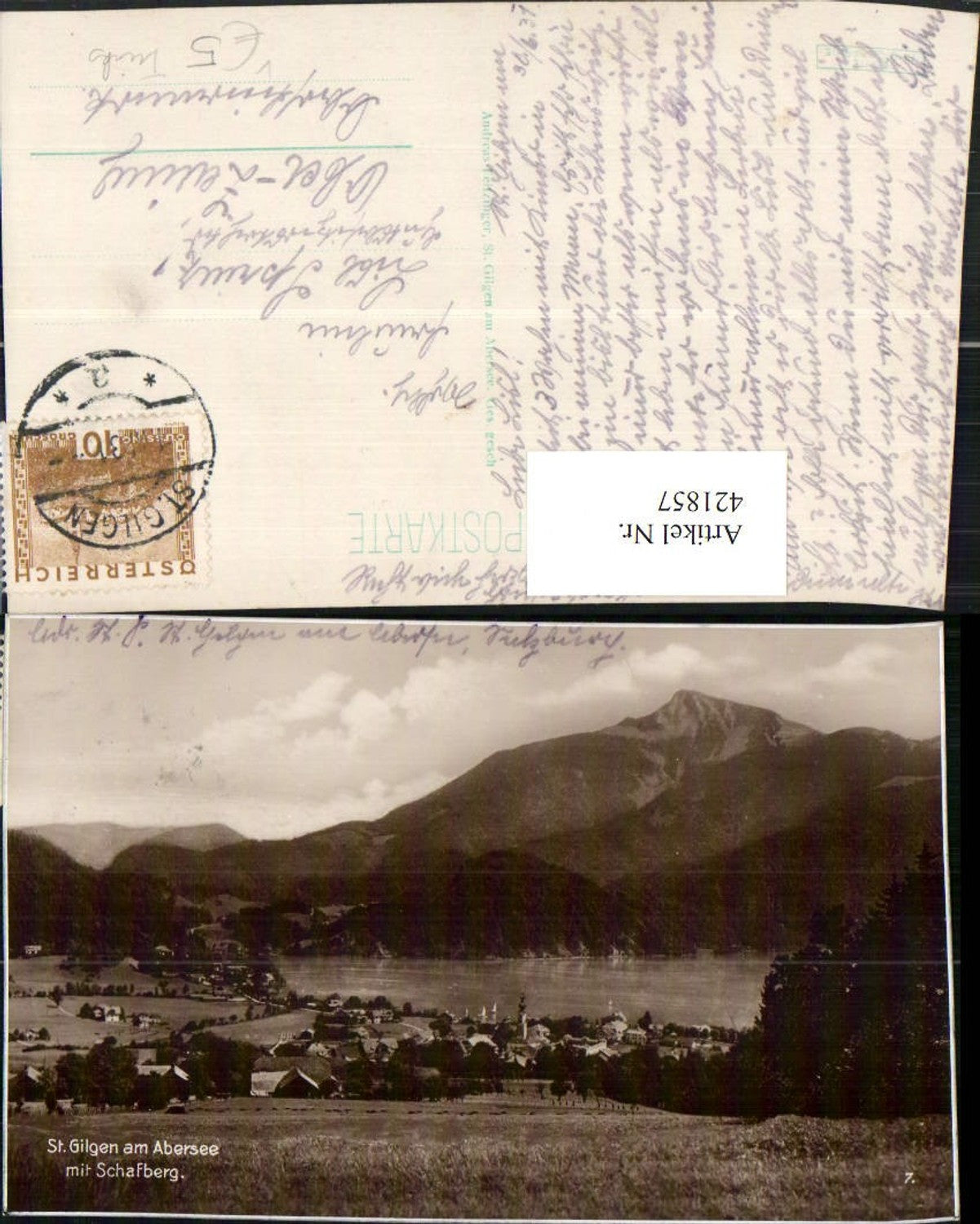 421857, St. Gilgen am Abersee Totale m. Schafberg mountain scenery pub Trinks 7