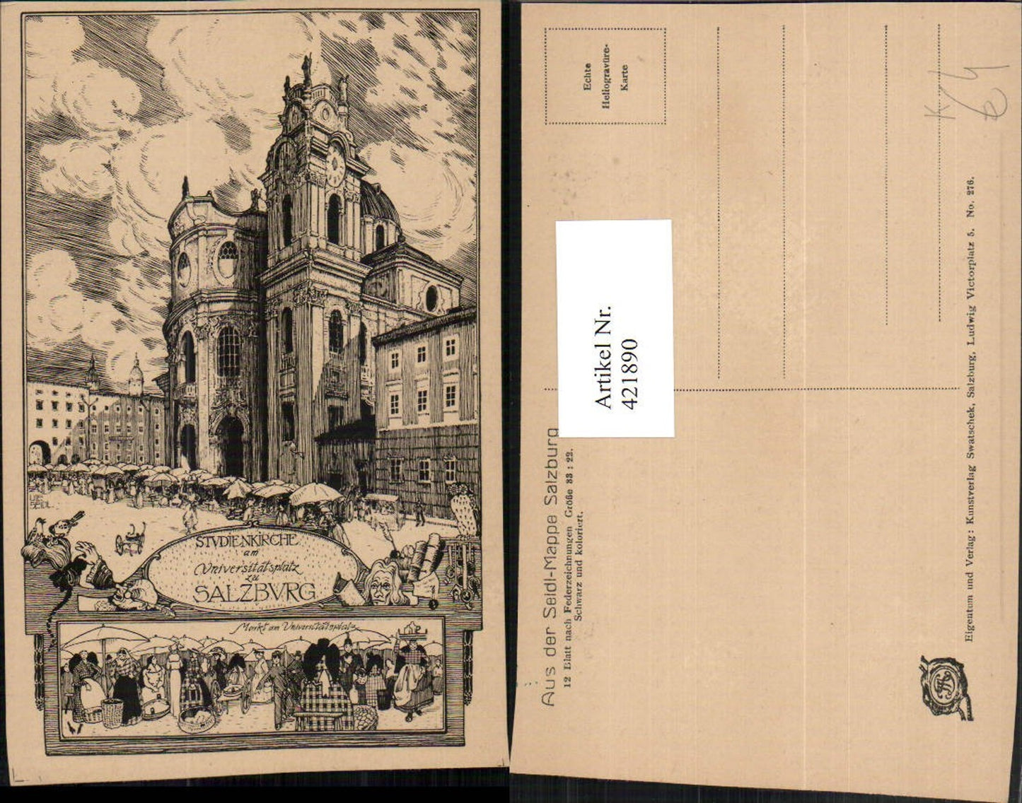 421890,Künstler AK Ulf Seidl Salzburg Studienkirche Kirche Markt Mehrbildkarte