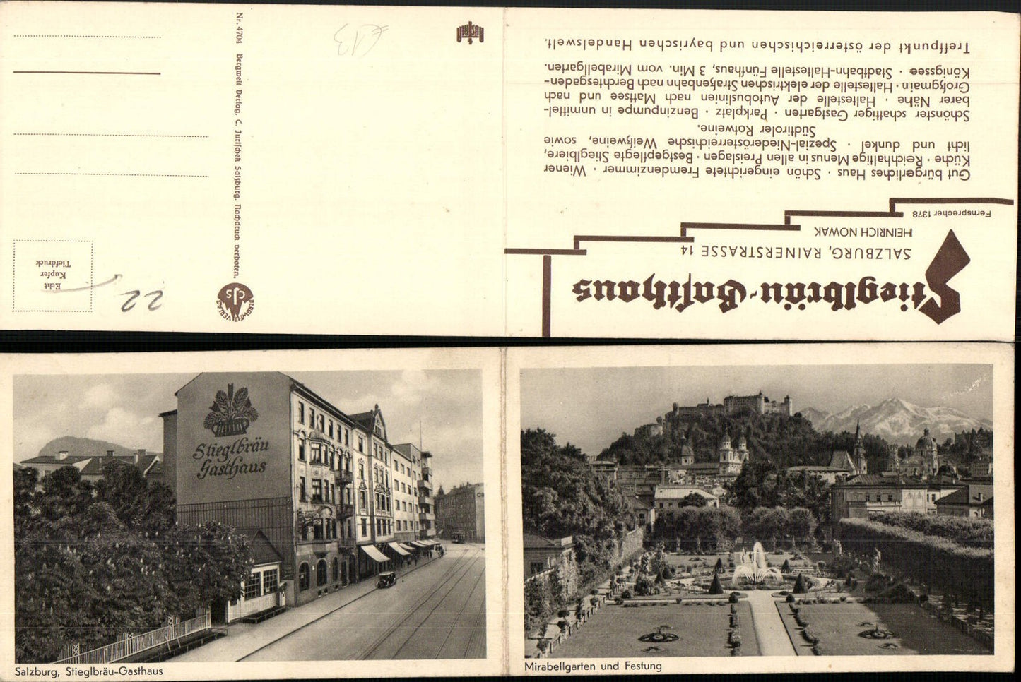 421961,Klappkarte Salzburg Mirabellgarten m. Festung Stieglbräu-Gasthaus Mehrbildkarte
