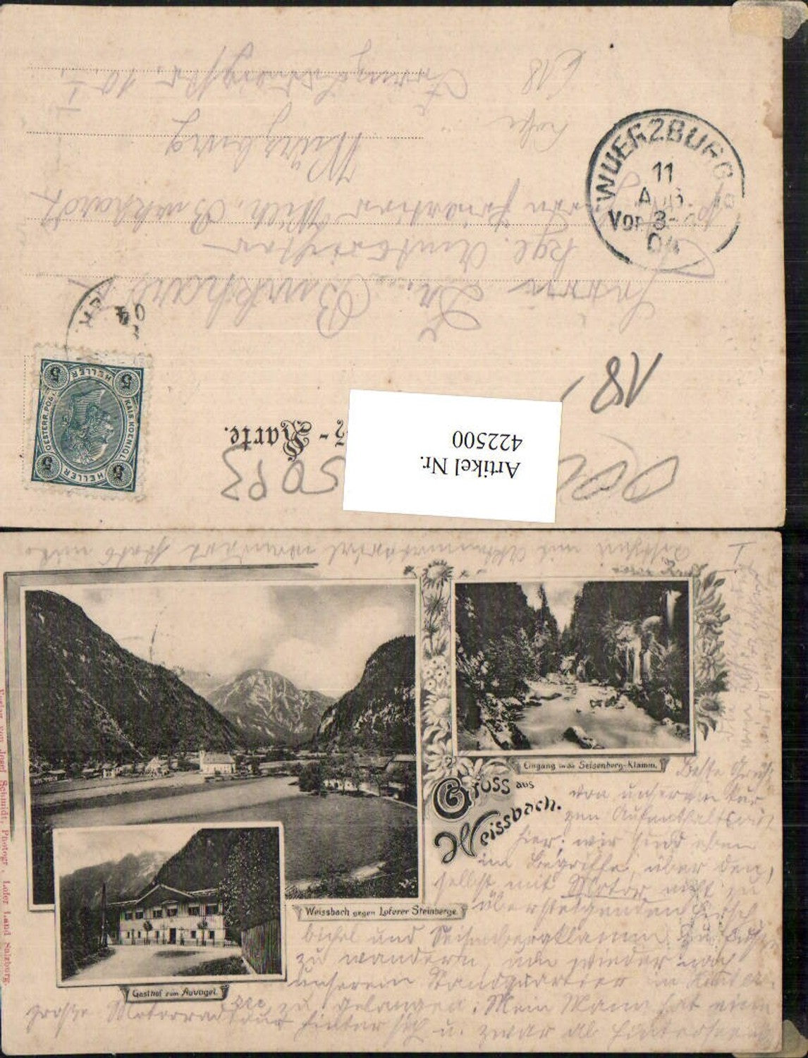 422500,Litho Gruß aus Weissbach b. Lofer Totale Gasthof Auvogel Mehrbildkarte