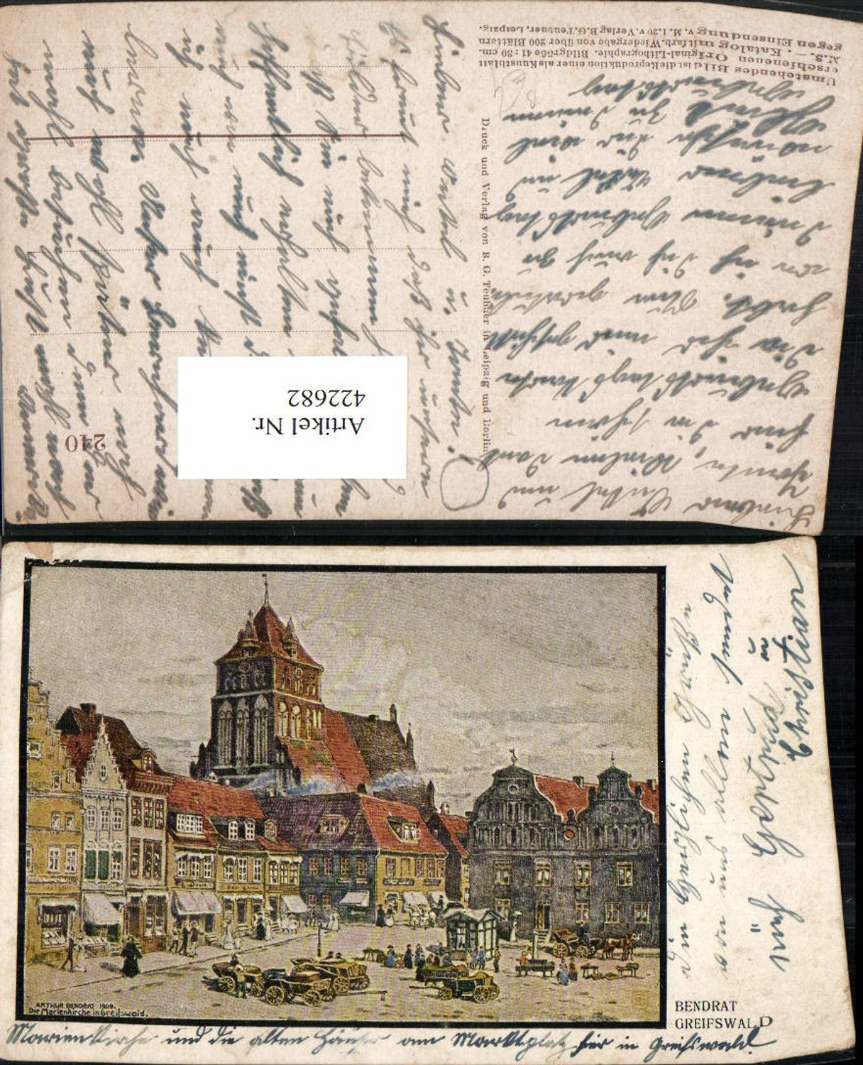 422682,Künstler AK Arthur Bendrat Greifswald Marienkirche Kirche Platz