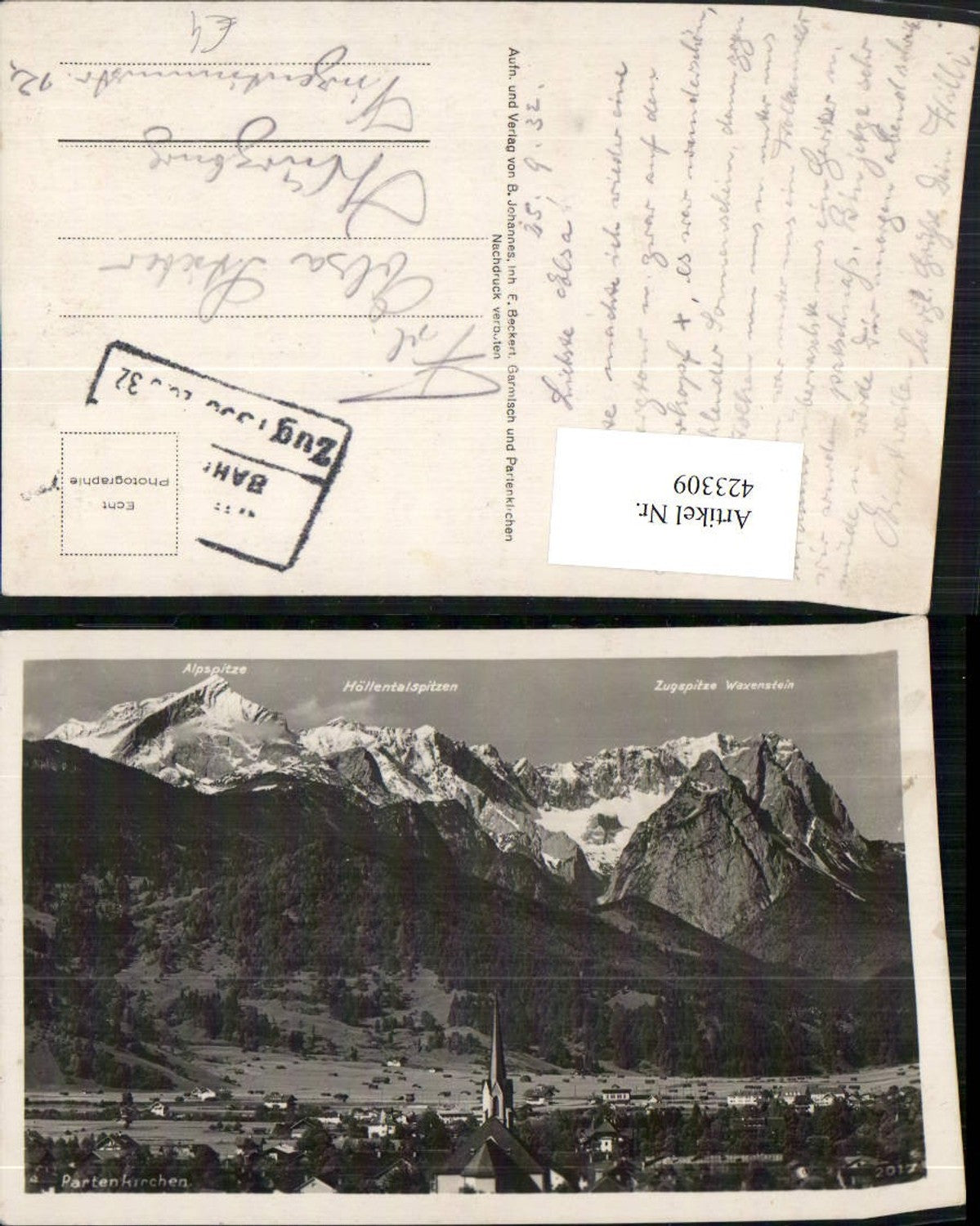 423309,Partenkirchen Totale m. Alpspitze Zugspitze Bergkulisse