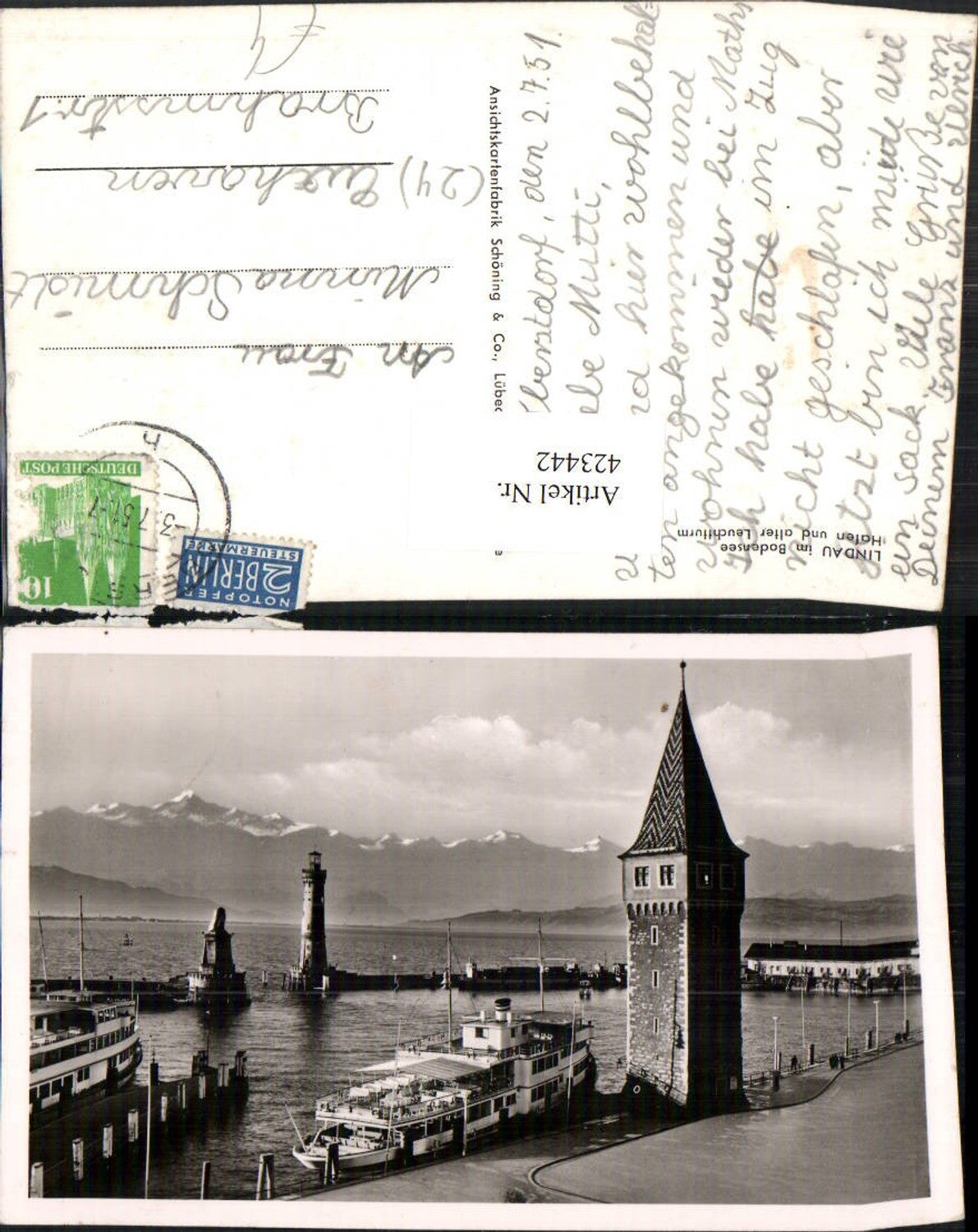 423442,Lindau im Bodensee Hafen u. Leuchtturm Turm Dampfer Bergkulisse