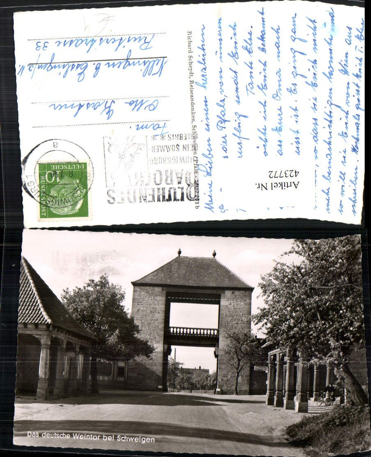 423772,Das deutsche Weintor b. Schweigen Straßenansicht Tor