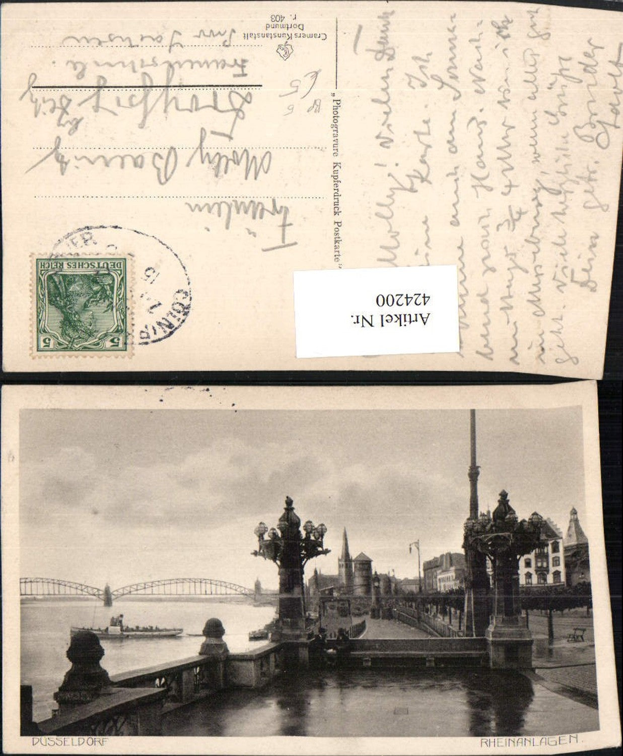 424200,Düsseldorf Rheinanlagen Brücke Bahnpost Zug 5 von Köln