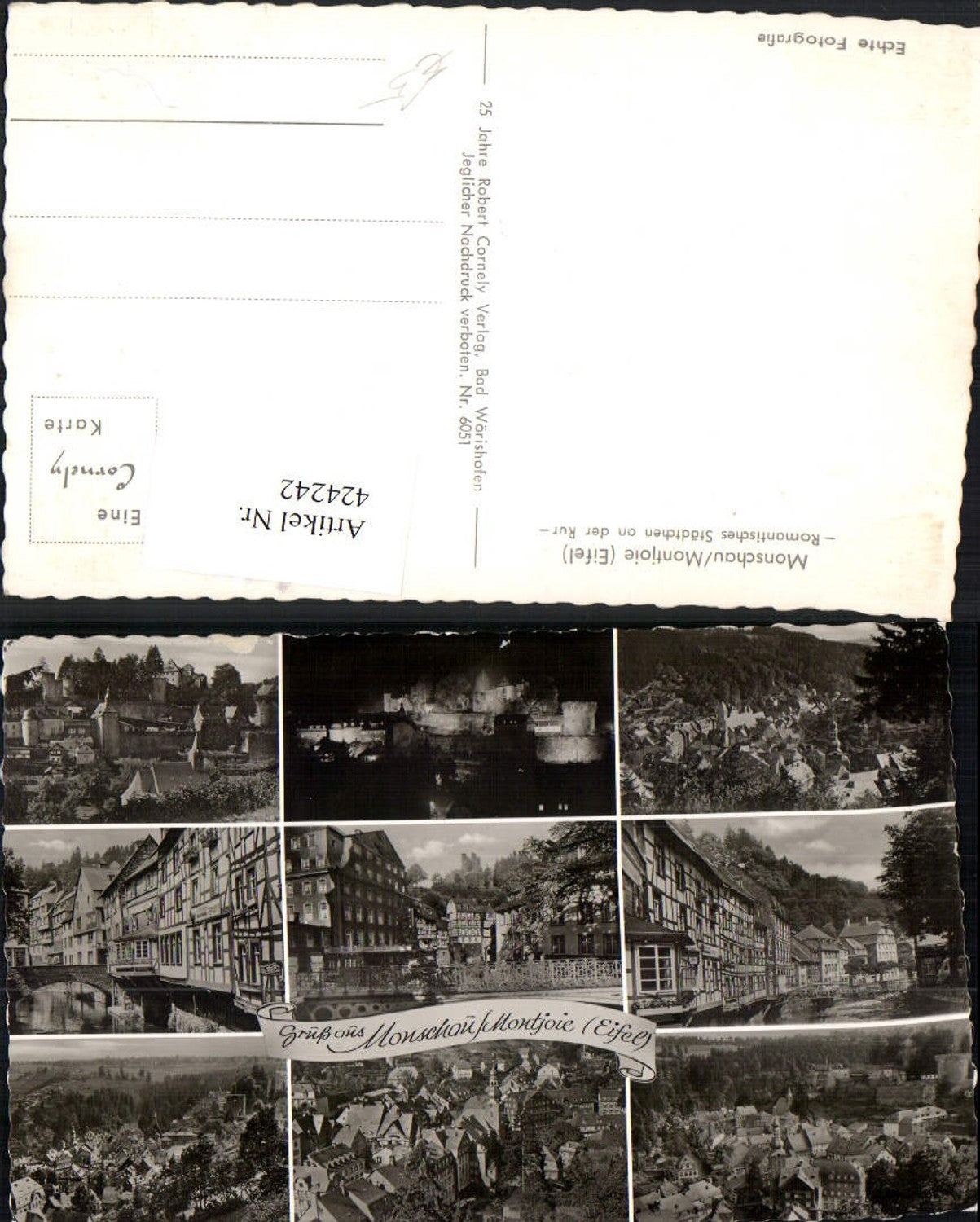 424242,Monschau in d. Eifel Totale Fluss Brücke Burg Mehrbildkarte