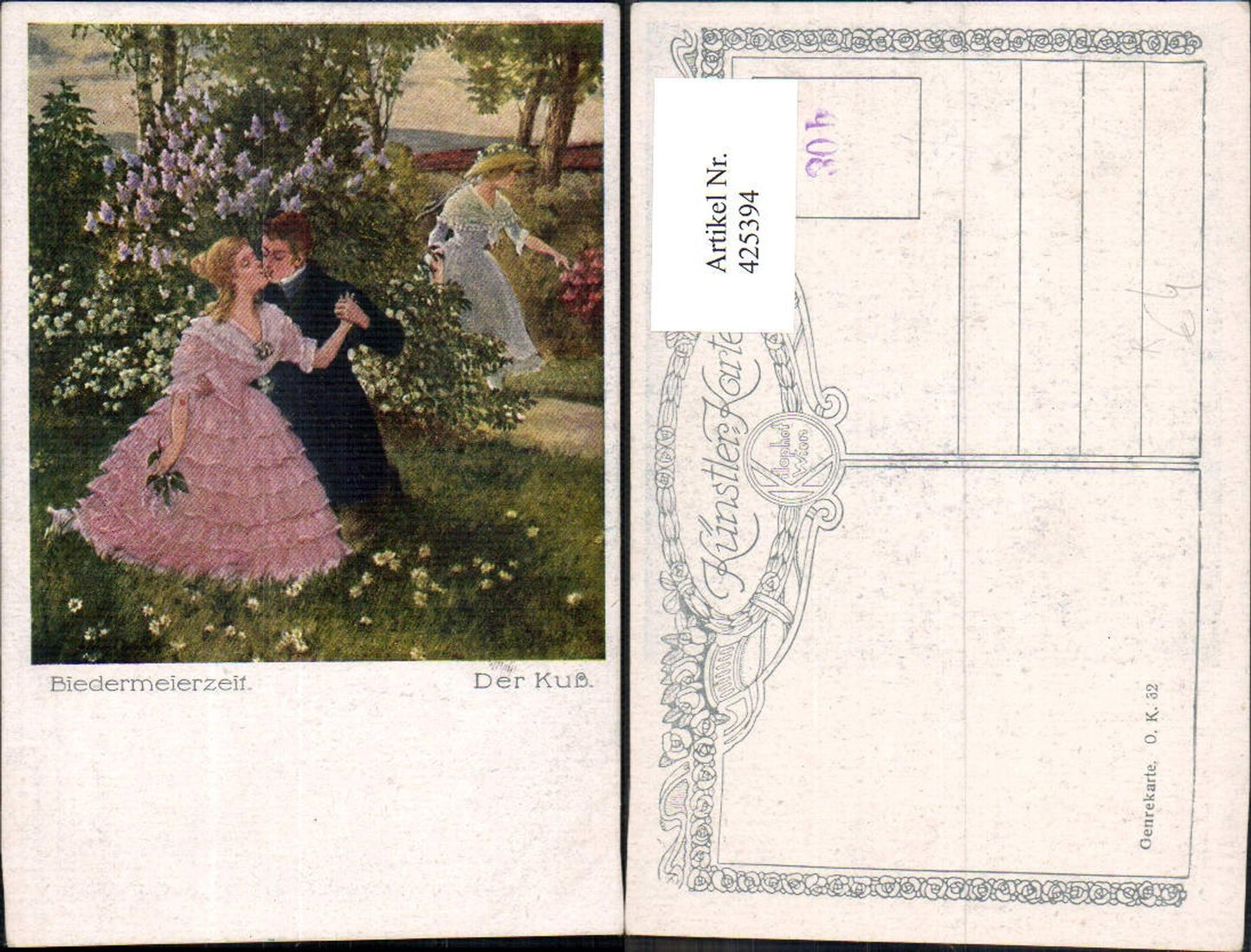 425394,Künstler Ak Biedermeierzeit Der Kuss Paar Garten Liebe