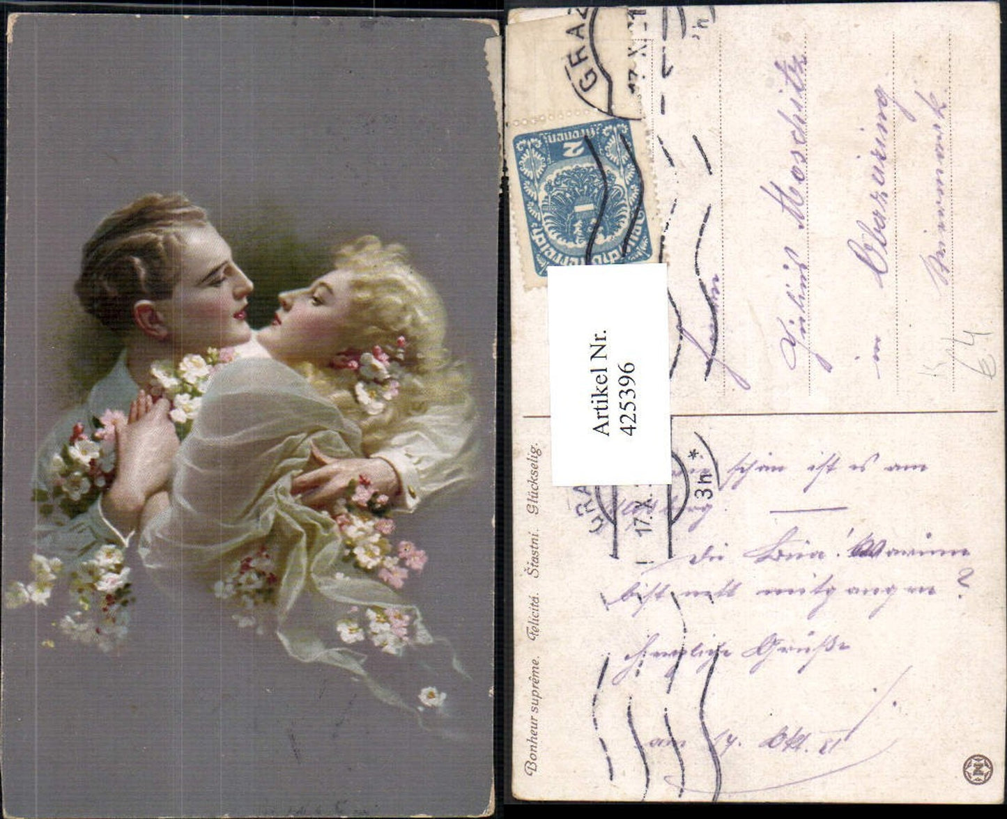 425396,Künstler Ak Glückselig Paar Portrait Umarmung Blumen Liebe