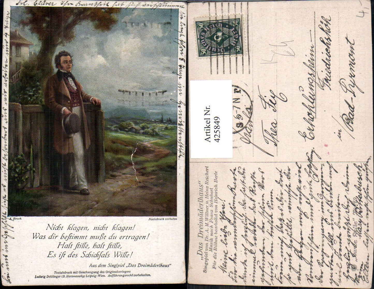 425849,Künstler Ak A. Broch Franz Schubert Singspiel Dreimäderlhaus Komponist