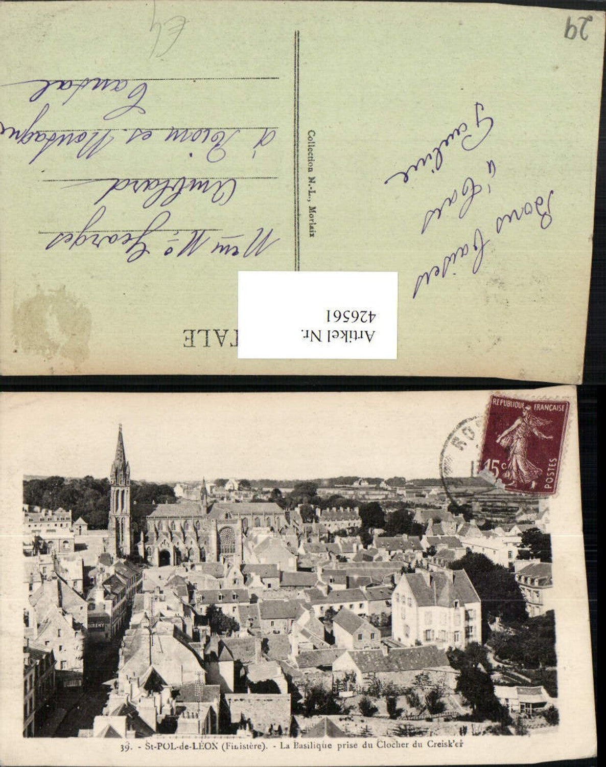 426561,Bretagne Finistere St-Pol-de-Leon La Basilique prise du Clocher du Creisker Teilansicht