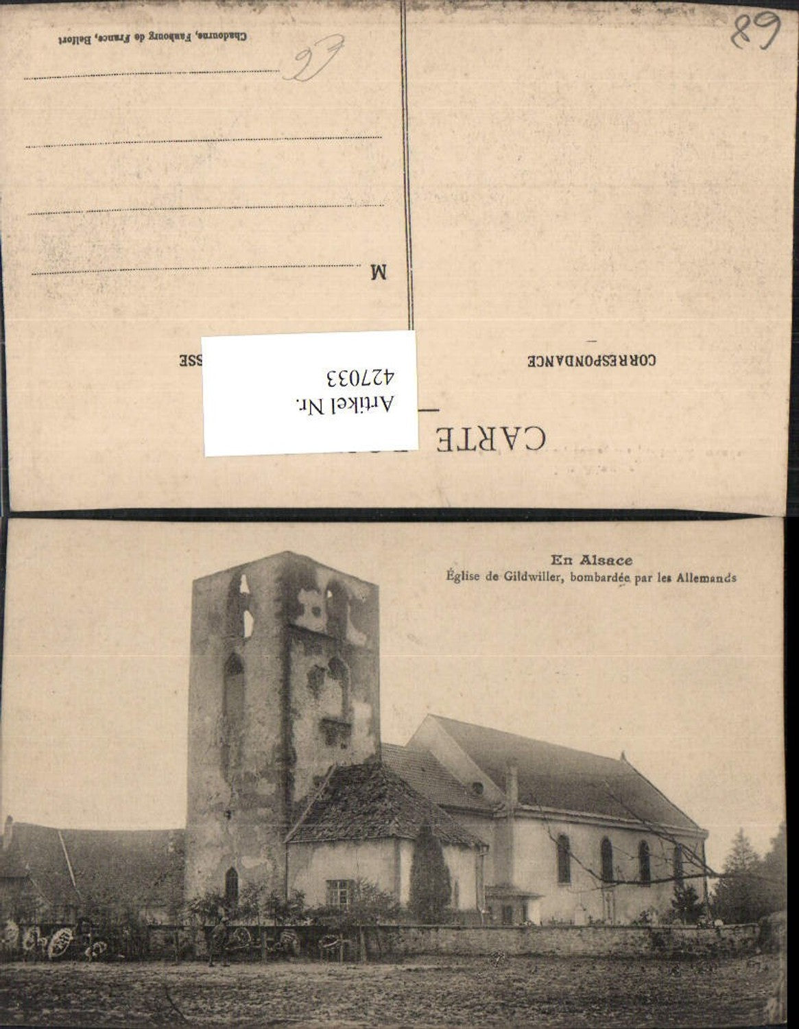 427033,Elsass Haut-Rhin Gildwiller Eglise bombardee Kirche