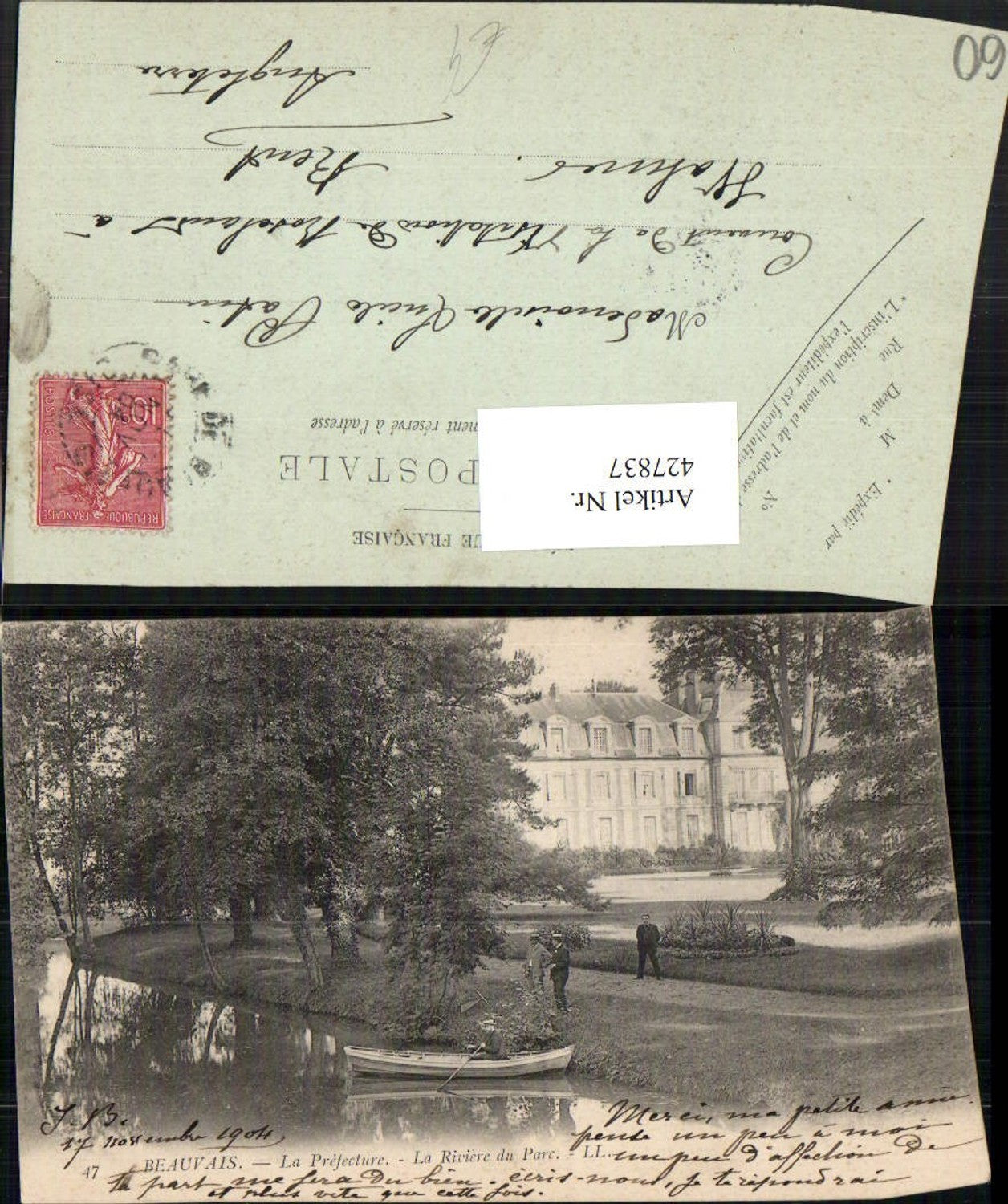 427837,Picardie Oise Beauvais La Prefecture La Riviere du Parc Gebäude Ruderboot