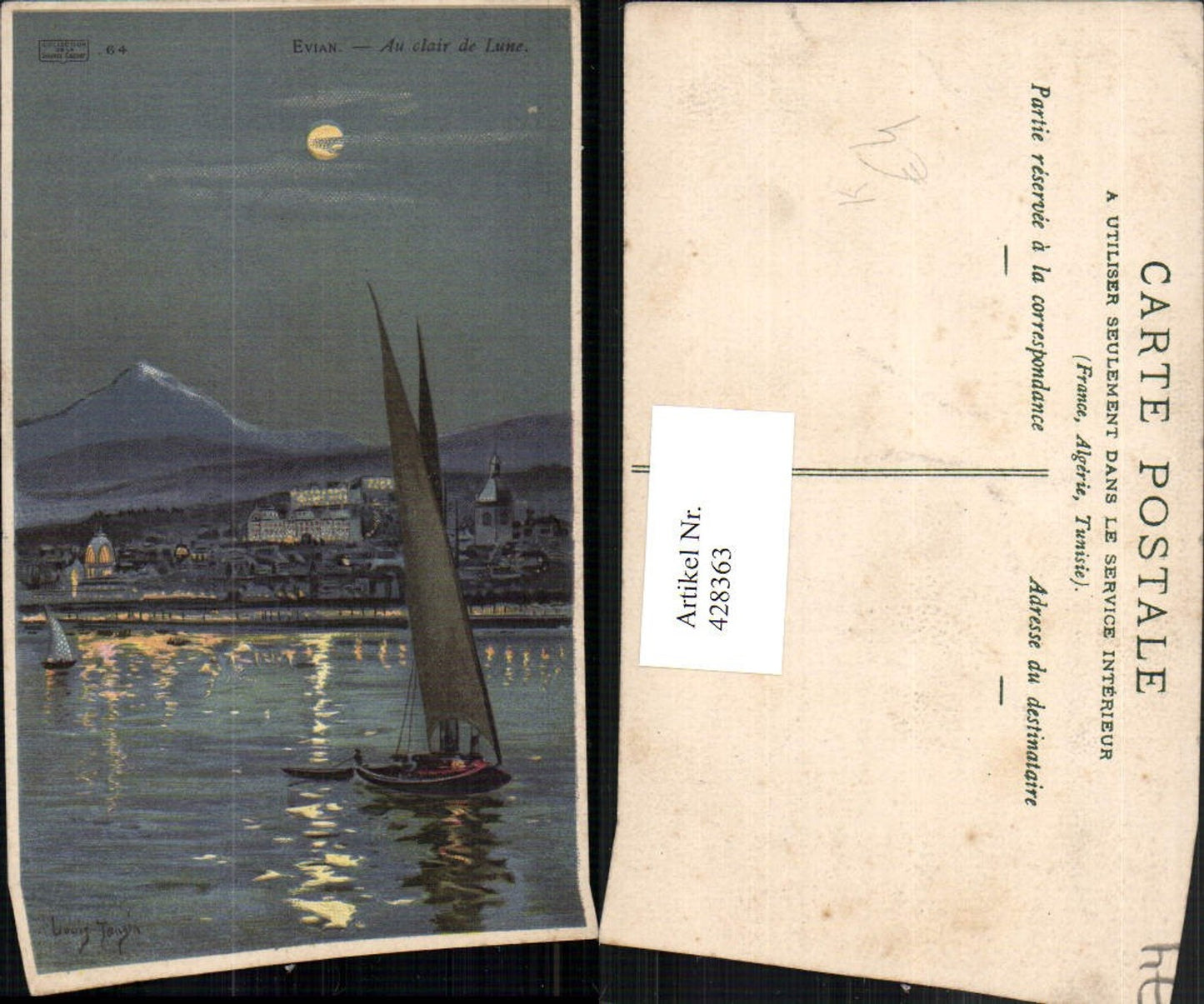 428363,Künstler AK Louis Tausin Rhone-Alpes Haute-Savoie Evian Segelboot Mondschein