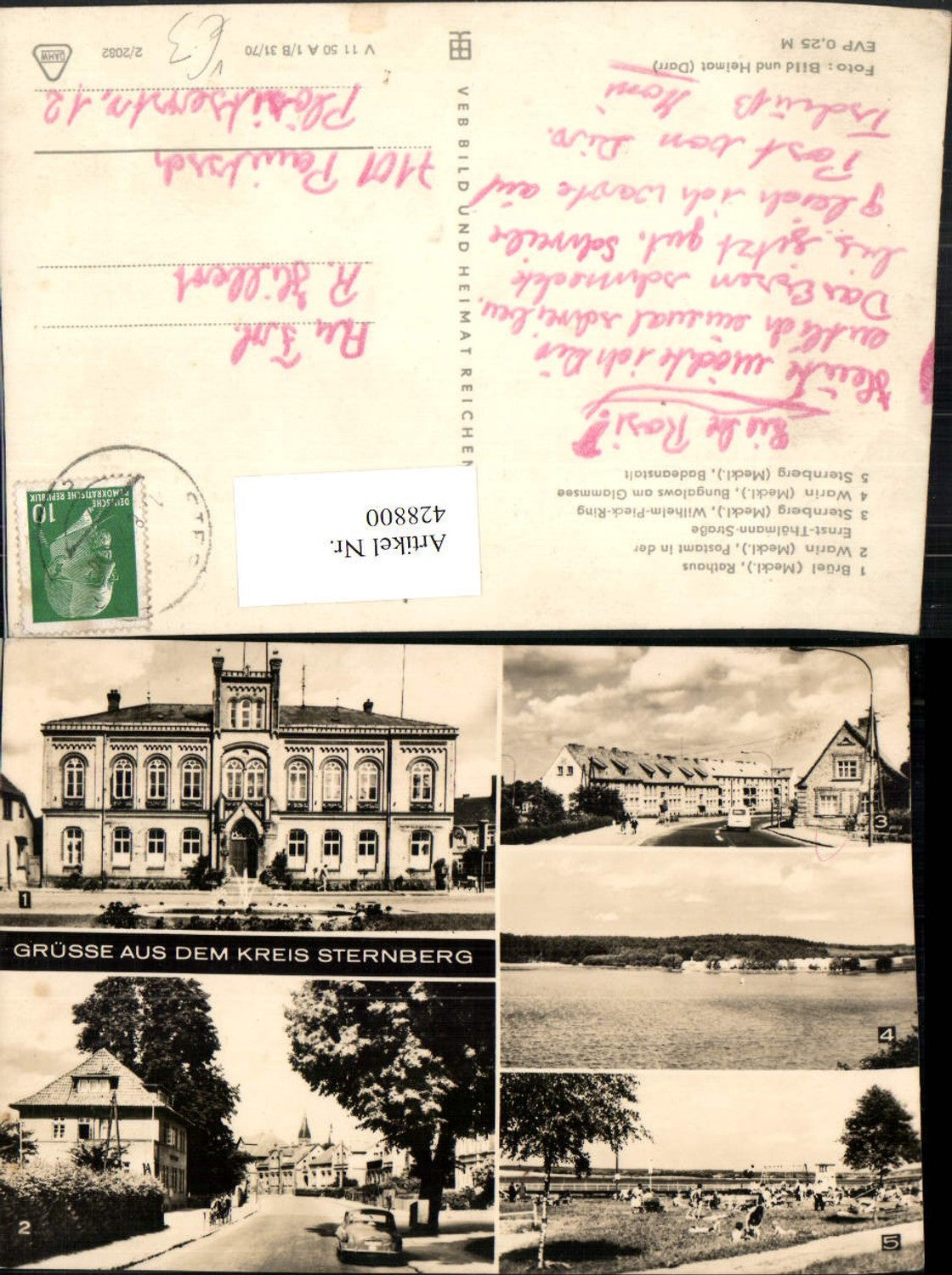 428800, Brüel Town Hall Warin Post Office Sternberg Warin Multi-view postcard pub VEB