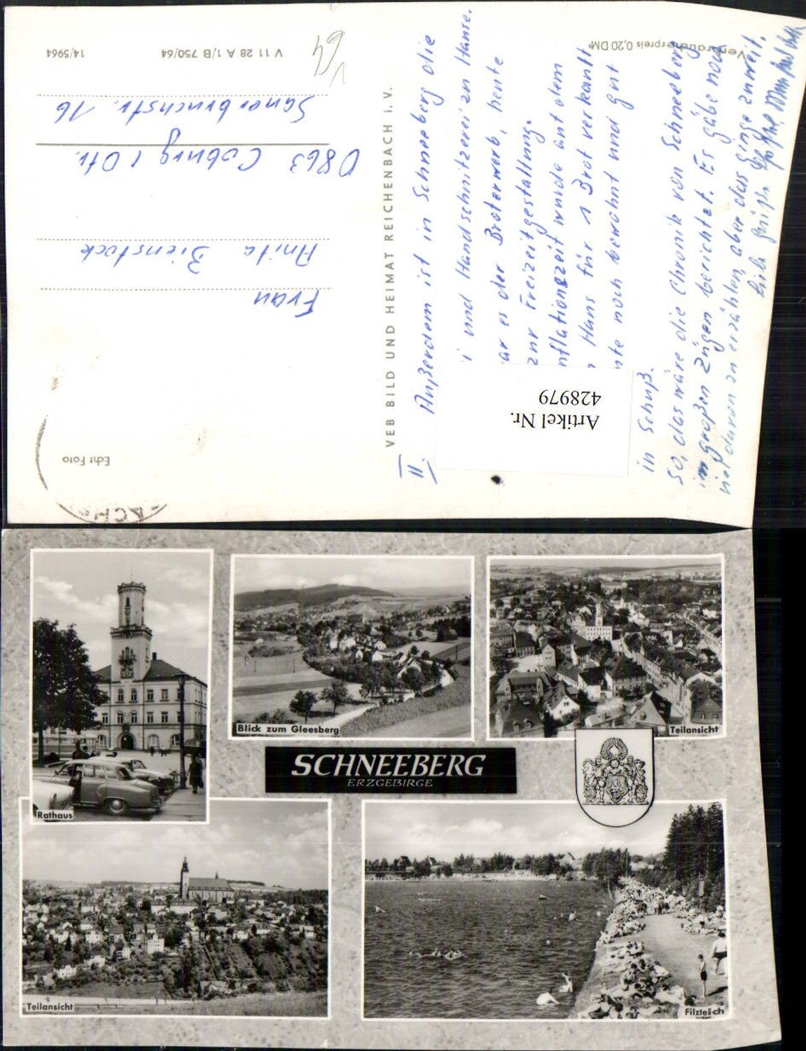 428979,Schneeberg im Erzgebirge Totale Rathaus Teich Mehrbildkarte pub VEB