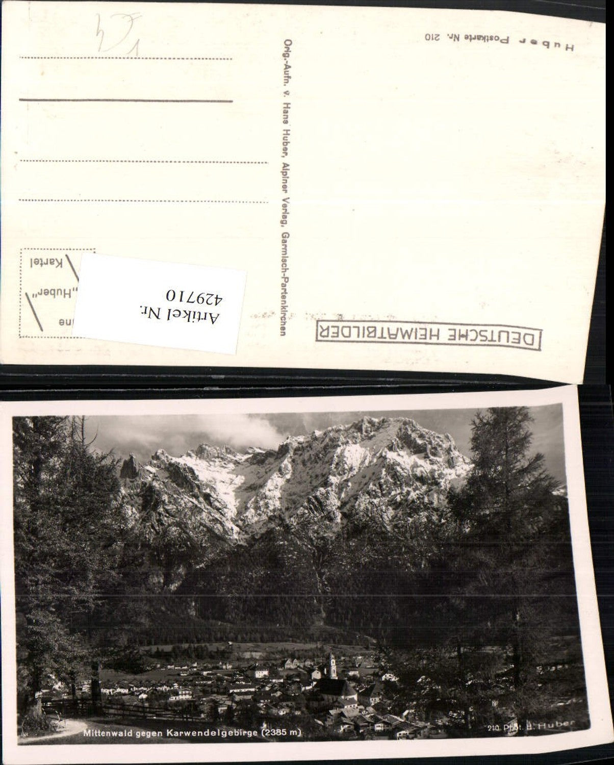 429710,Mittenwald Totale geg. Karwendel Bergkulisse pub H. Huber 210