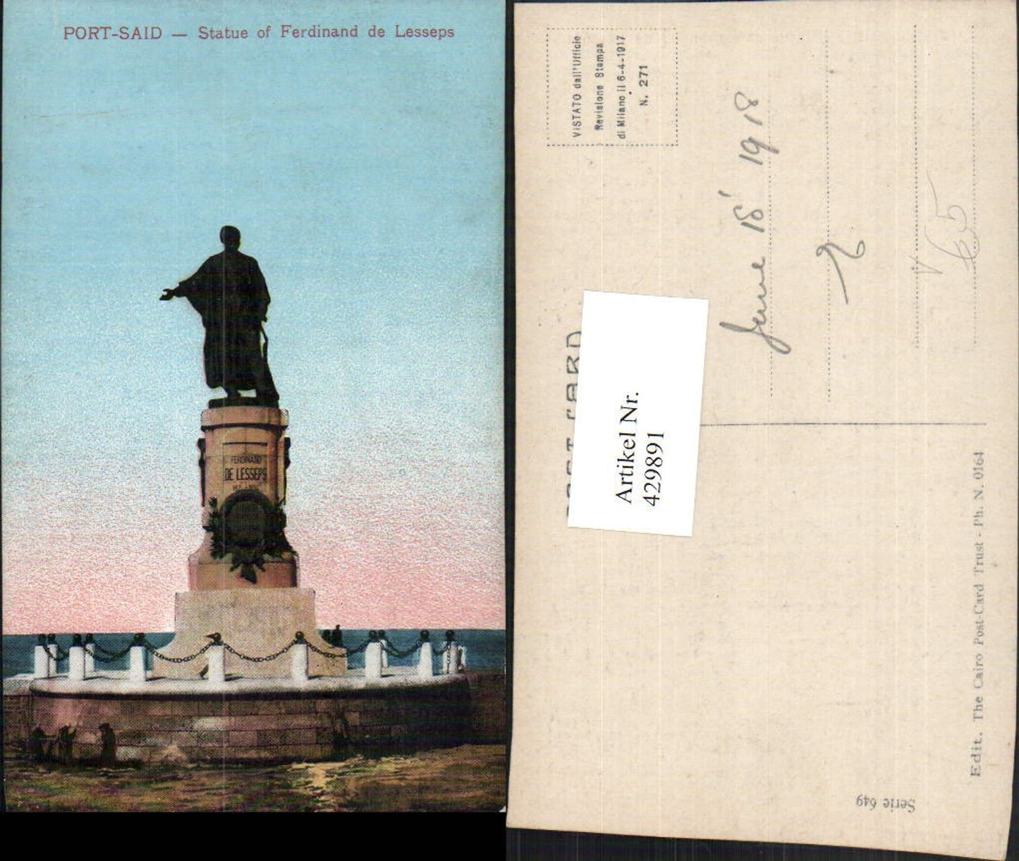 429891,Egypt Port Said Statue of Ferdinand de Lesseps Denkmal pub Post-Card Trust 0164