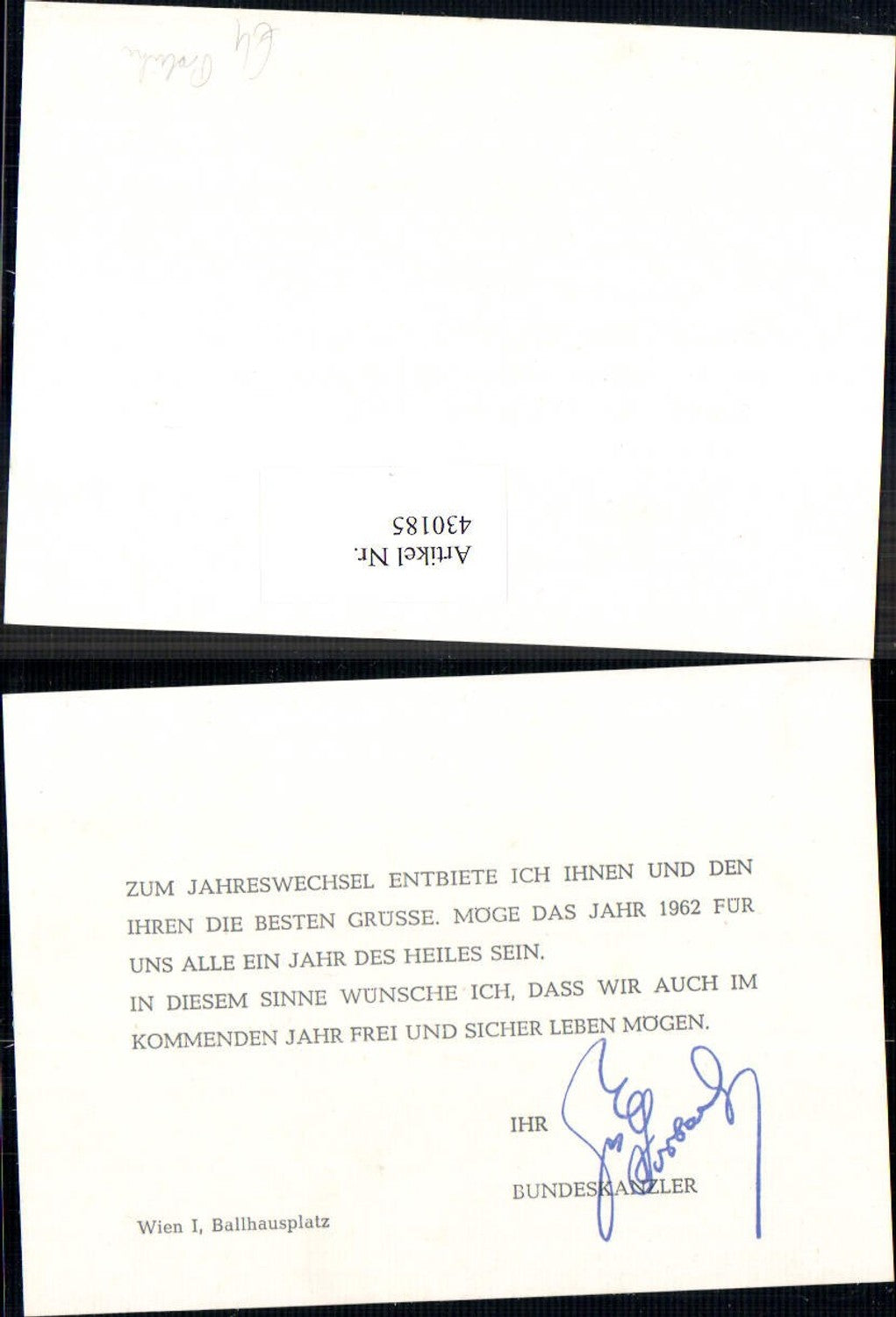 430185,Grüsse zum Jahreswechsel 1962 Bundeskanzler Adenauer Wien Politik