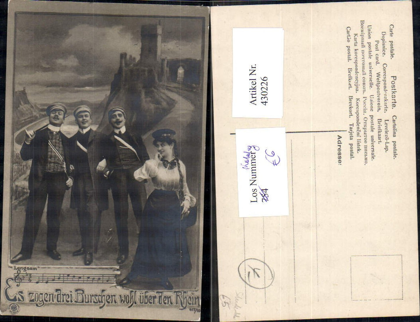 430226,Studentika Studenten Frau Es zogen drei Burschen wohl über den Rhein pub NPG 417/10