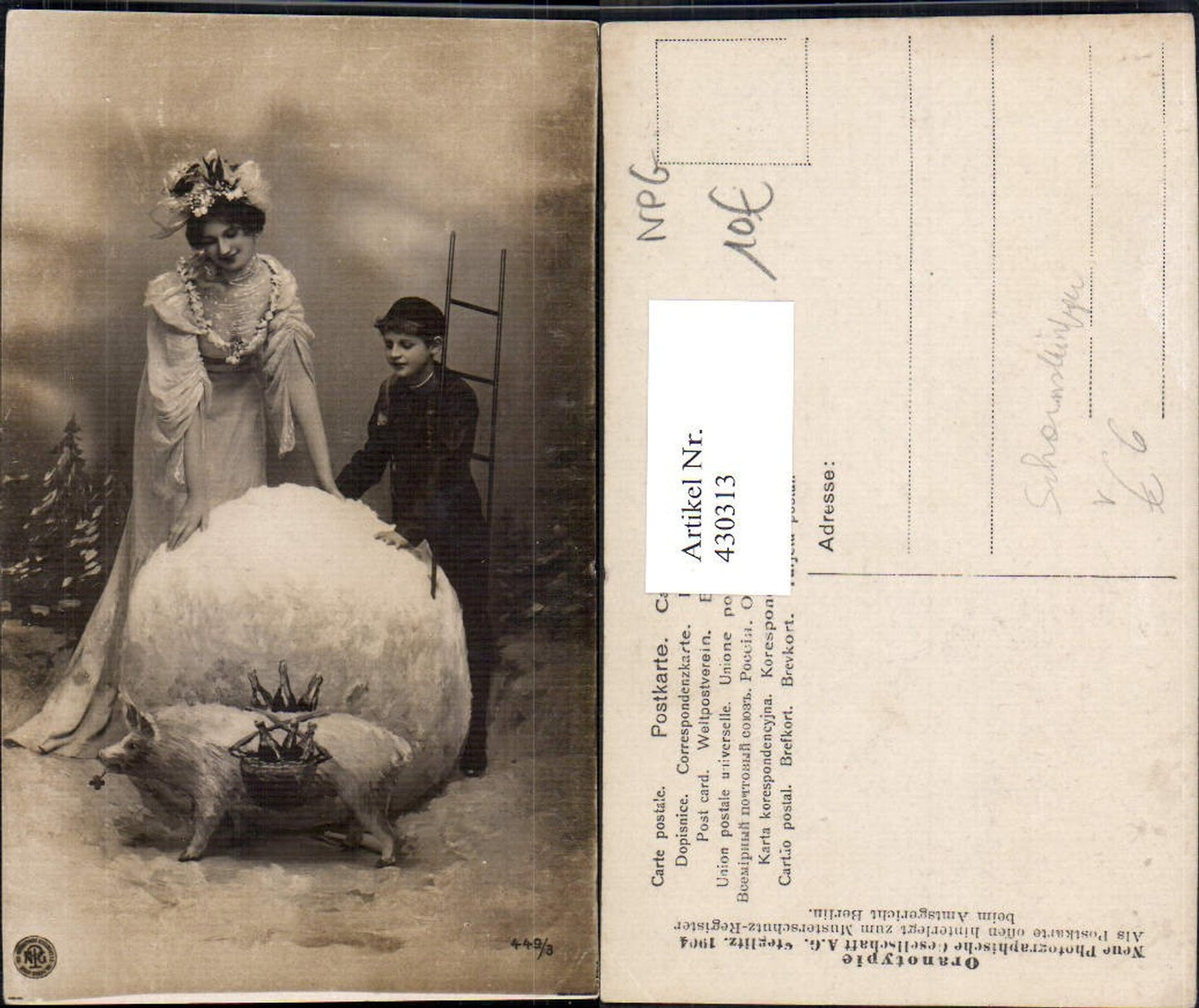 430313,Frau m. Kind Bub als Schornsteinfeger Rauchfangkehrer Schwein pub NPG 449/3