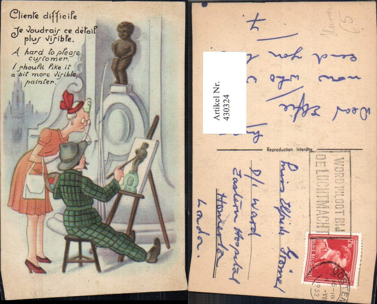 430324,Maler malt Manneken-Pis Frau m. Lupe Toilettenhumor Humor