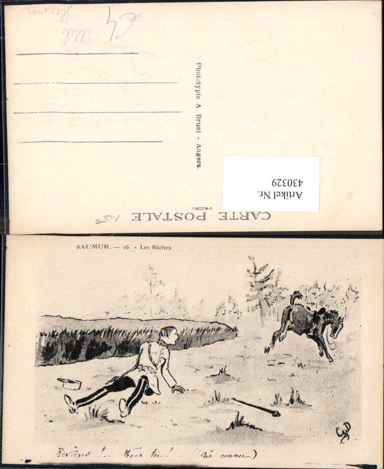 430329,Künstler Ak Saumur Les Buches Soldat n. Sturz v. Pferd Militärhumor Humor