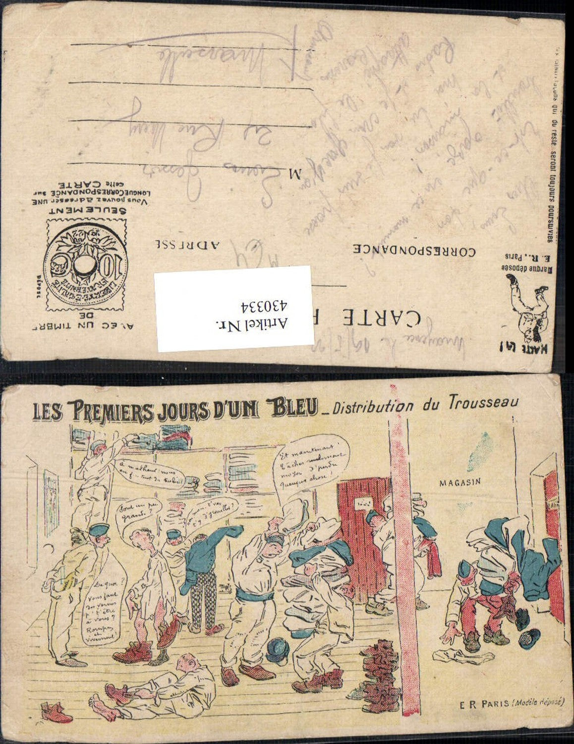 430334,Künstler Ak Les Premiers Jours d un Bleu Soldaten b. Umkleiden Militärhumor Humor