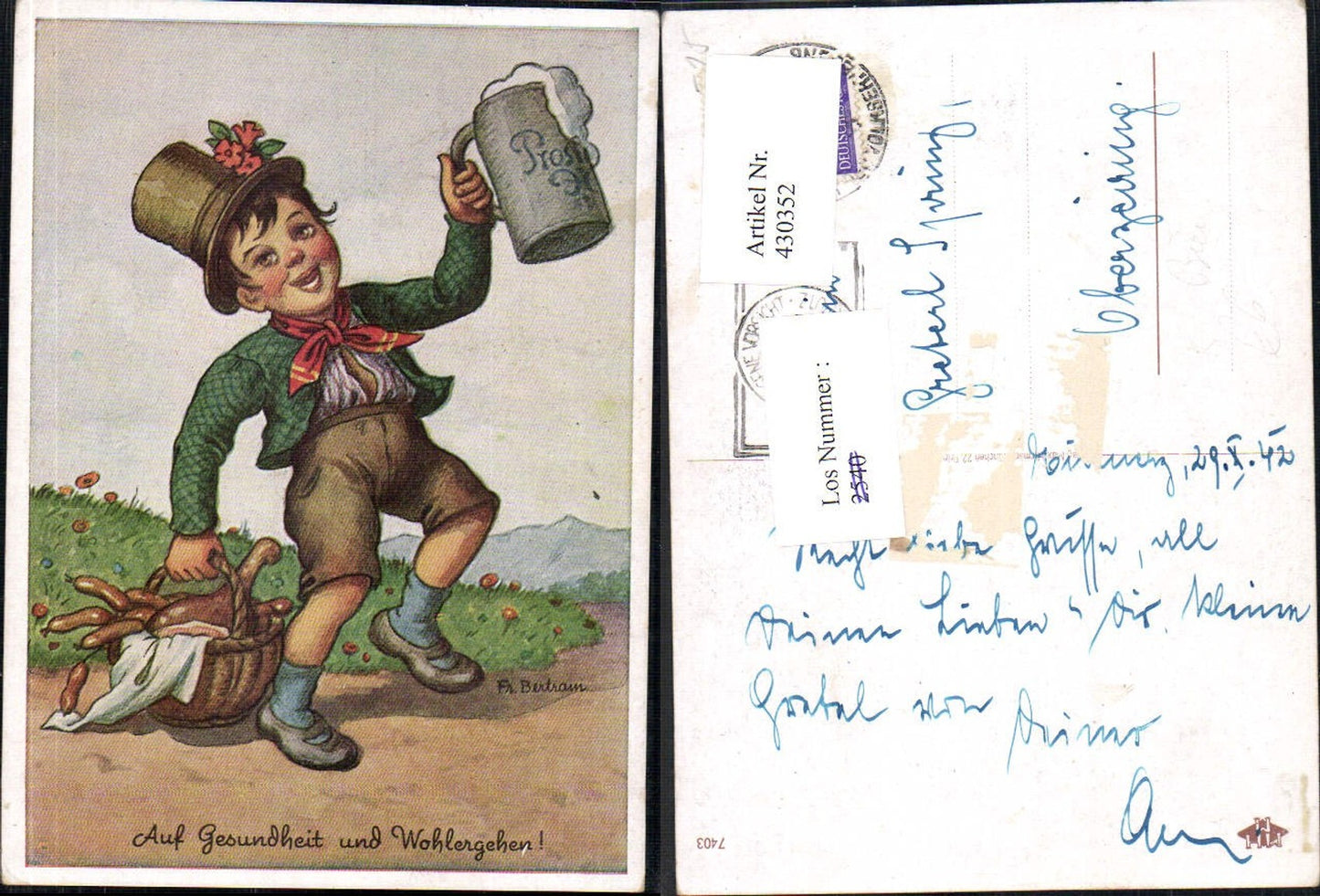 430352,Künstler Ak Fr. Bertram Auf Gesundheit u. Wohlergehen Junge m. Bier Trinkerhumor Alkohol