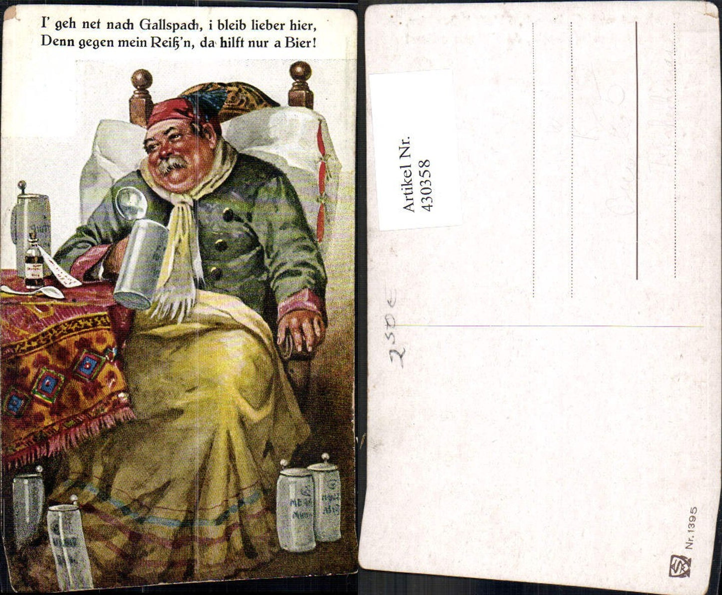 430358,Künstler Ak Mann i. Bett Bier Bierkrug Ich geh nicht nach Gallspach Trinkerhumor Alkohol