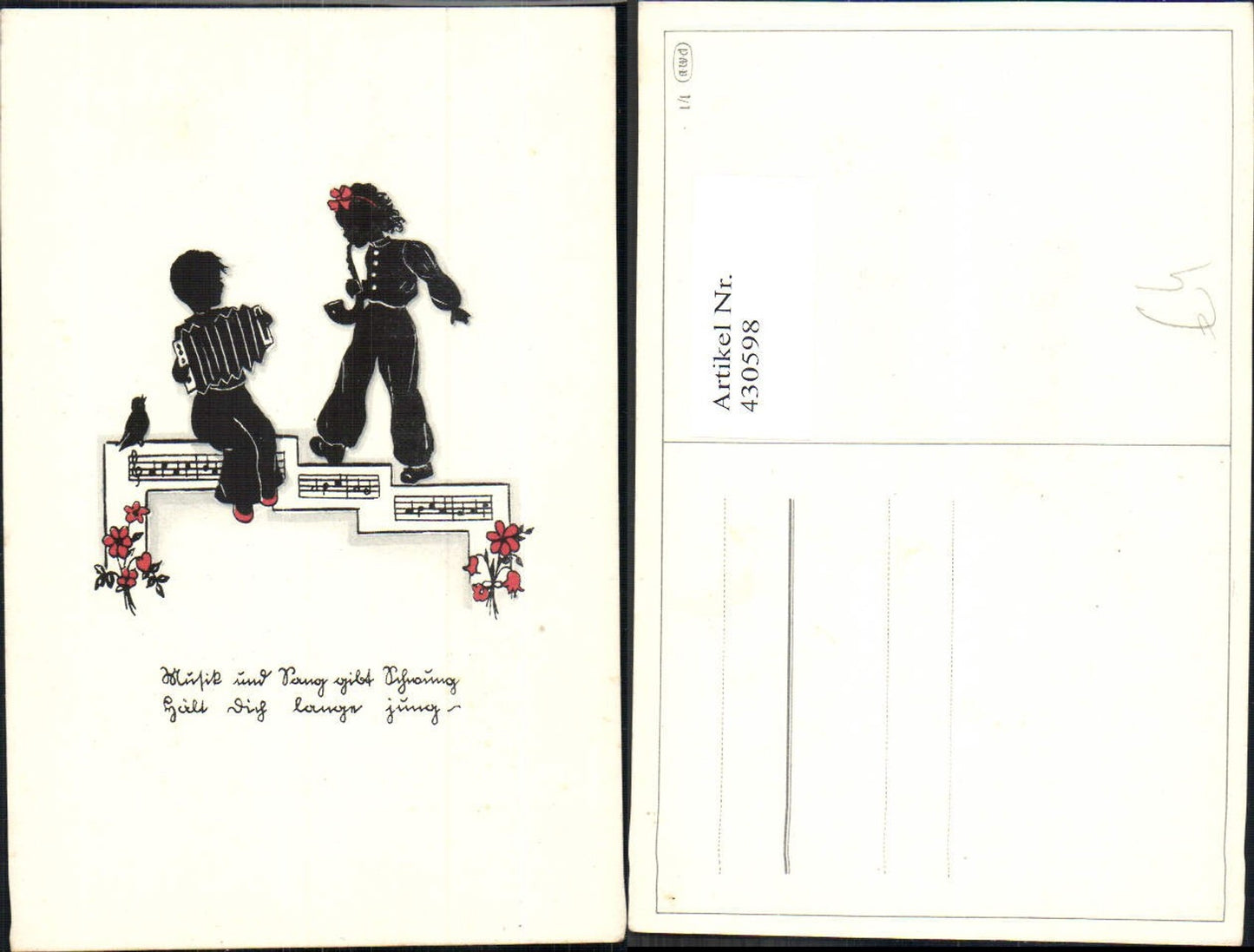 430598,Künstler Ak Scherenschnitt Silhouette Kinder Ziehharmonika Notenzeile Musik