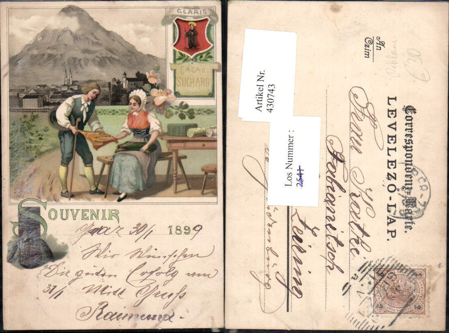 430743, great lithograph advertisement Glaris Cacao Suchard Cocoa Switzerland Chocolate