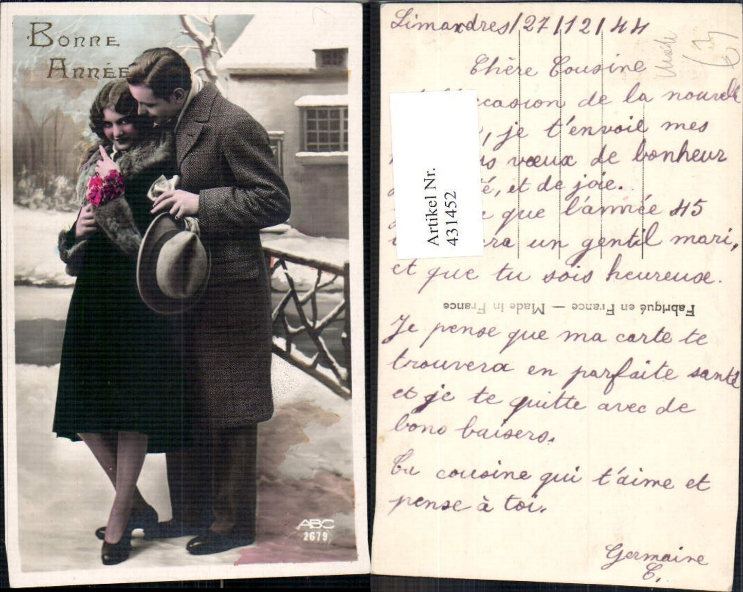 431452,Paar Liebe Umarmung Pelzmode Hut Bonne Annee Goldschrift